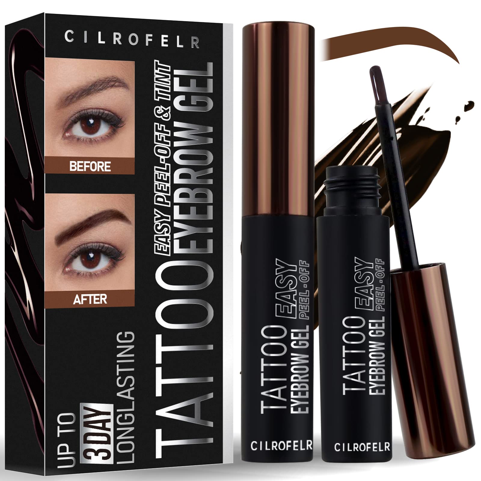 Cilrofelr Tattoo Peel Off Eyebrow Gel Tint, Semi Permanent Brow Tint, Last Up To 3 Days, Waterproof, Transfer-Proof, For Fuller