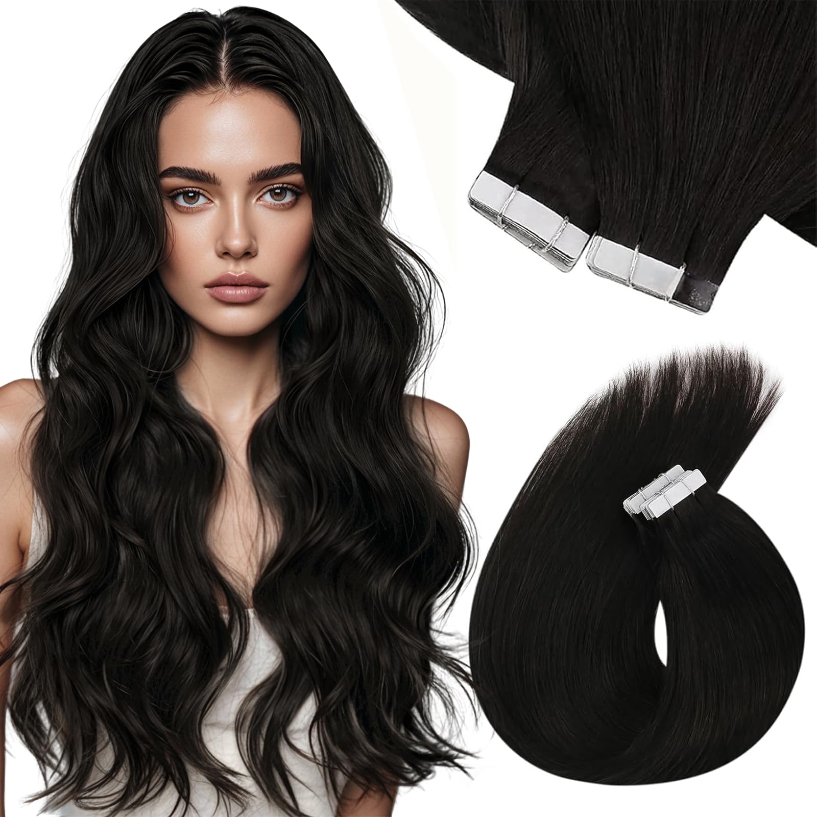 Sunny Hair Tape in Hair Extensions Real Human Hair Invisible Remy Hair Extensions Tape ins for Women Natural Black 16 inch 20Pcs