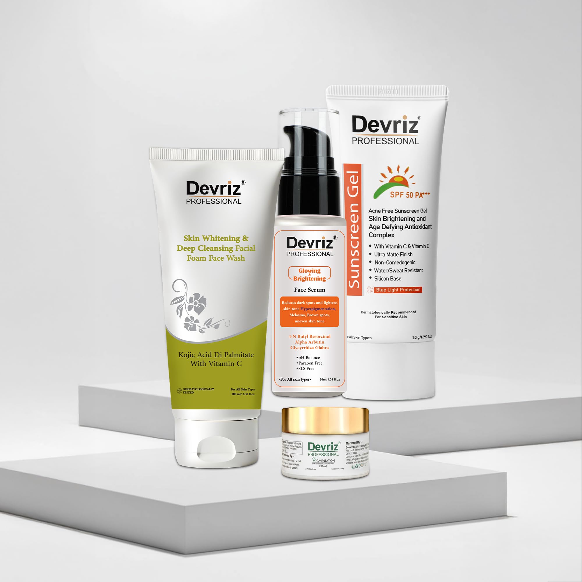 Devriz Professional | Skincare Kit With Sunscreen Gel SPF 50 | For Glowing & Healthy Looking Skin | For All Skin Types | Facewas