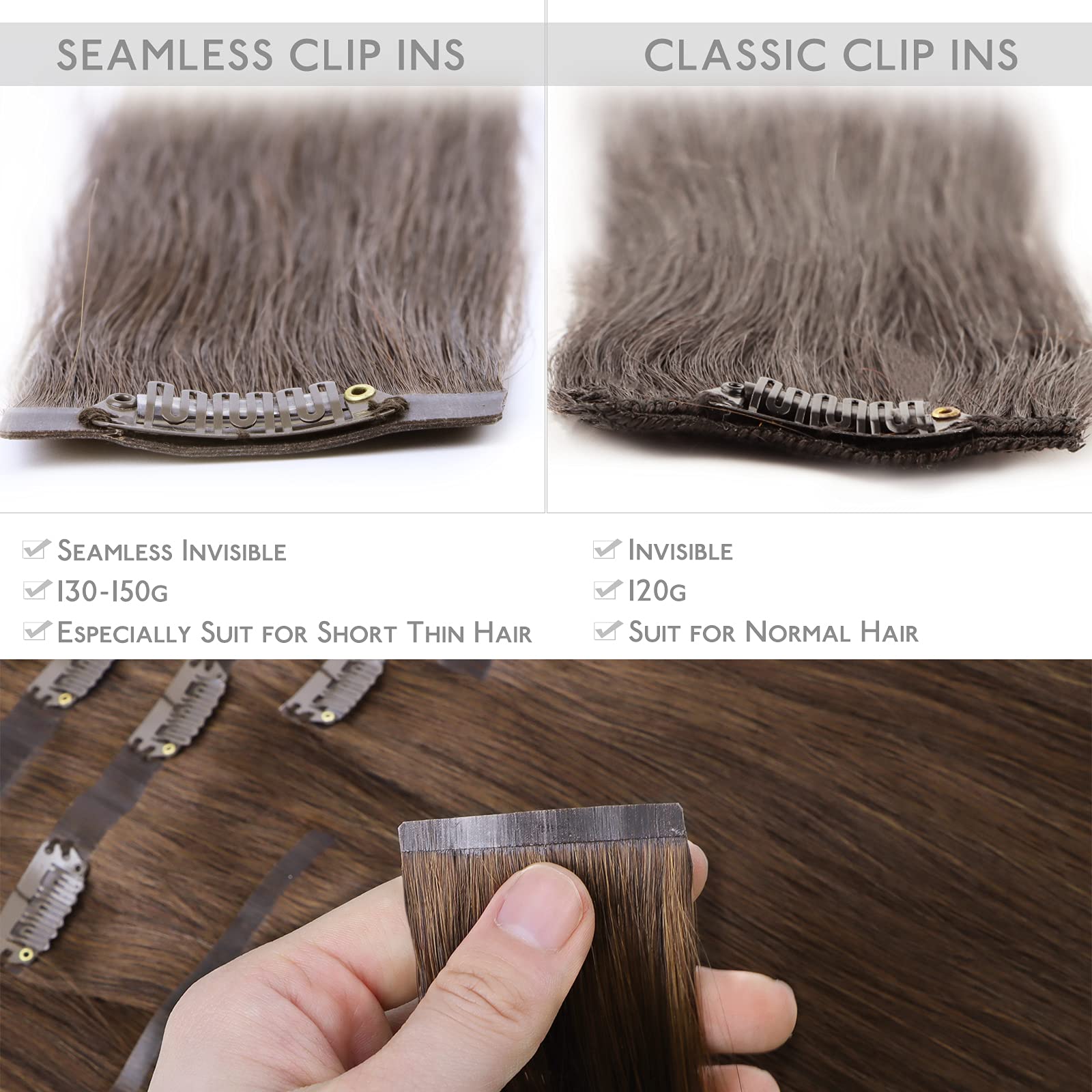 Wennalife Seamless Clip In Hair Extensions, 14 Inch 130G 7Pcs Chocolate Brown Hair Extensions Clip In Human Hair Invisible Pu Sk
