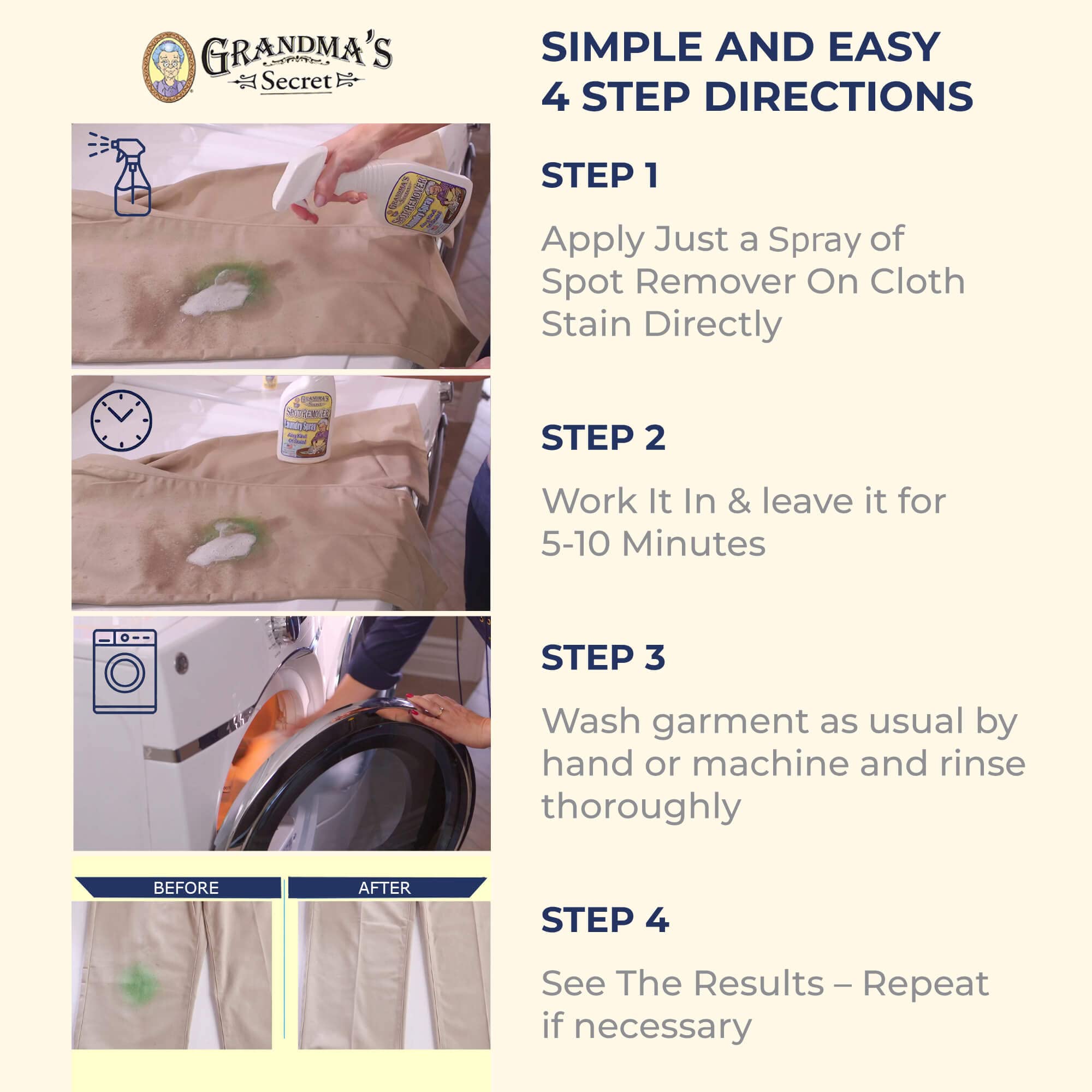 Grandma's Secret Stain Remover - Chlorine-Free, 16 oz Spray Bottle, 2 Pack - Removes Oil, Paint, Blood & Pet Stains