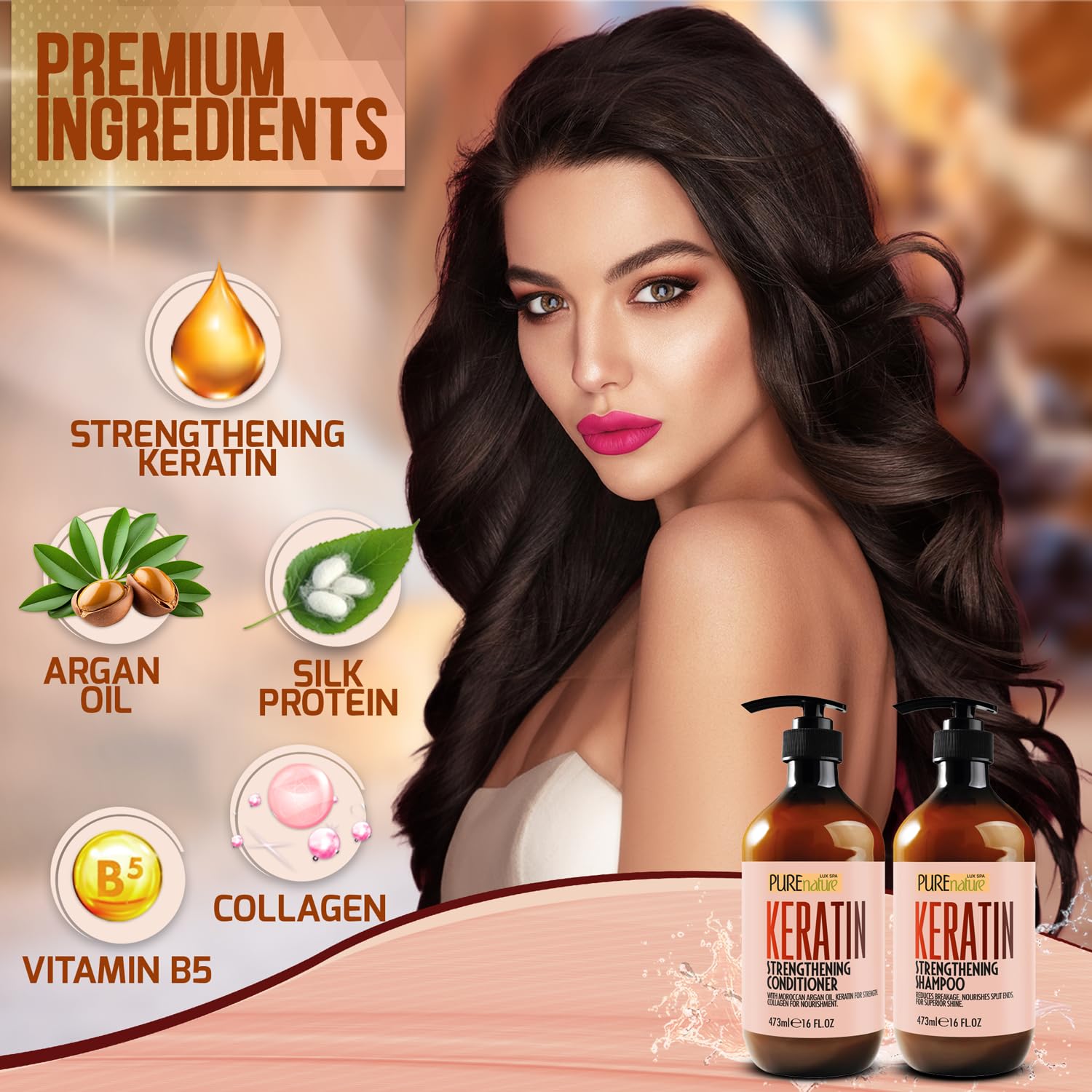 Keratin Shampoo and Conditioner Set - Sulfate and Paraben Free Treatment for Dry Hair - Anti Frizz, Collagen Enriched Formula fo