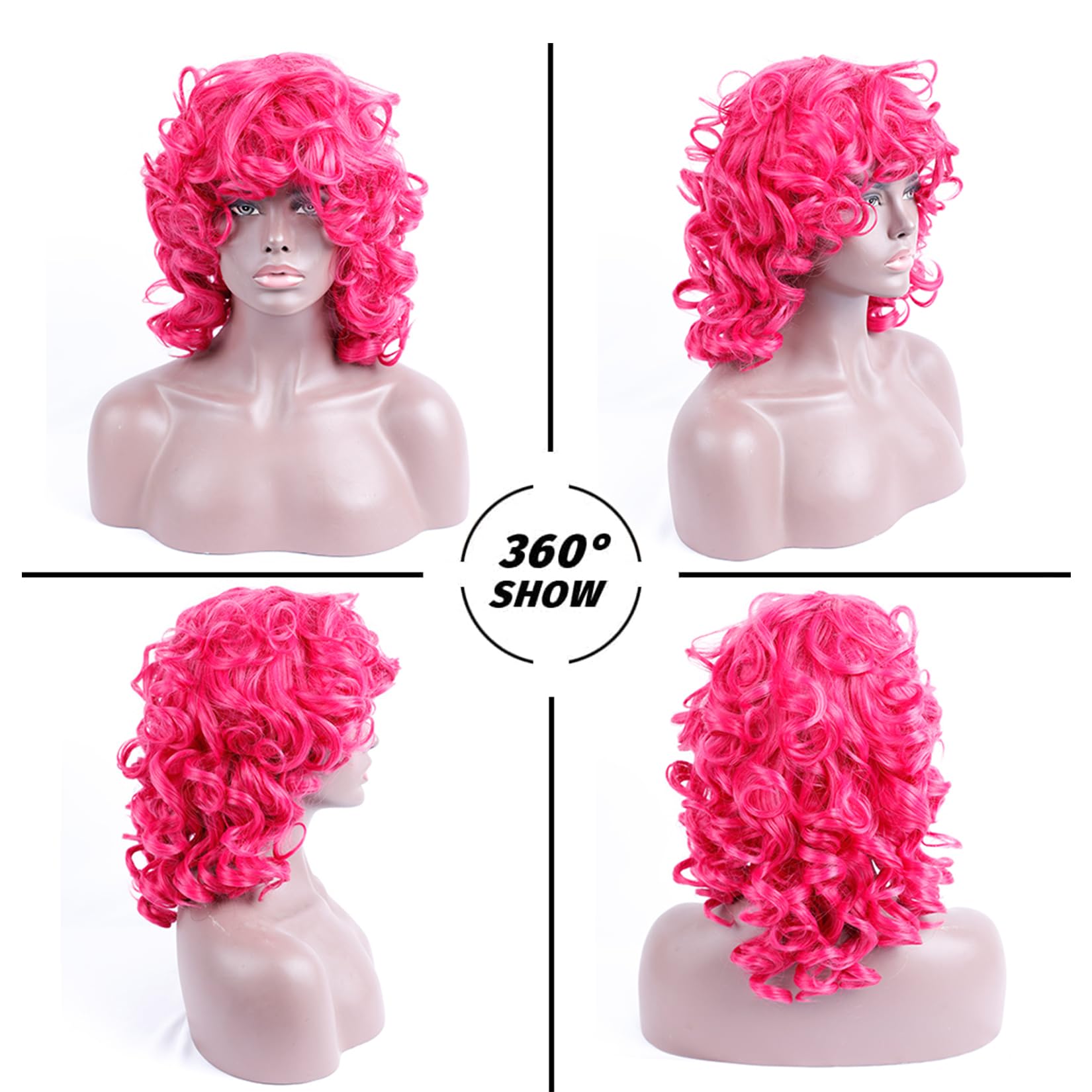 Kavsni Hot Pink Curly Wig For Black Women Soft Short Curly Wig With Bangs For American Women Wigs(Large Earrings+Makeup Sponge+W