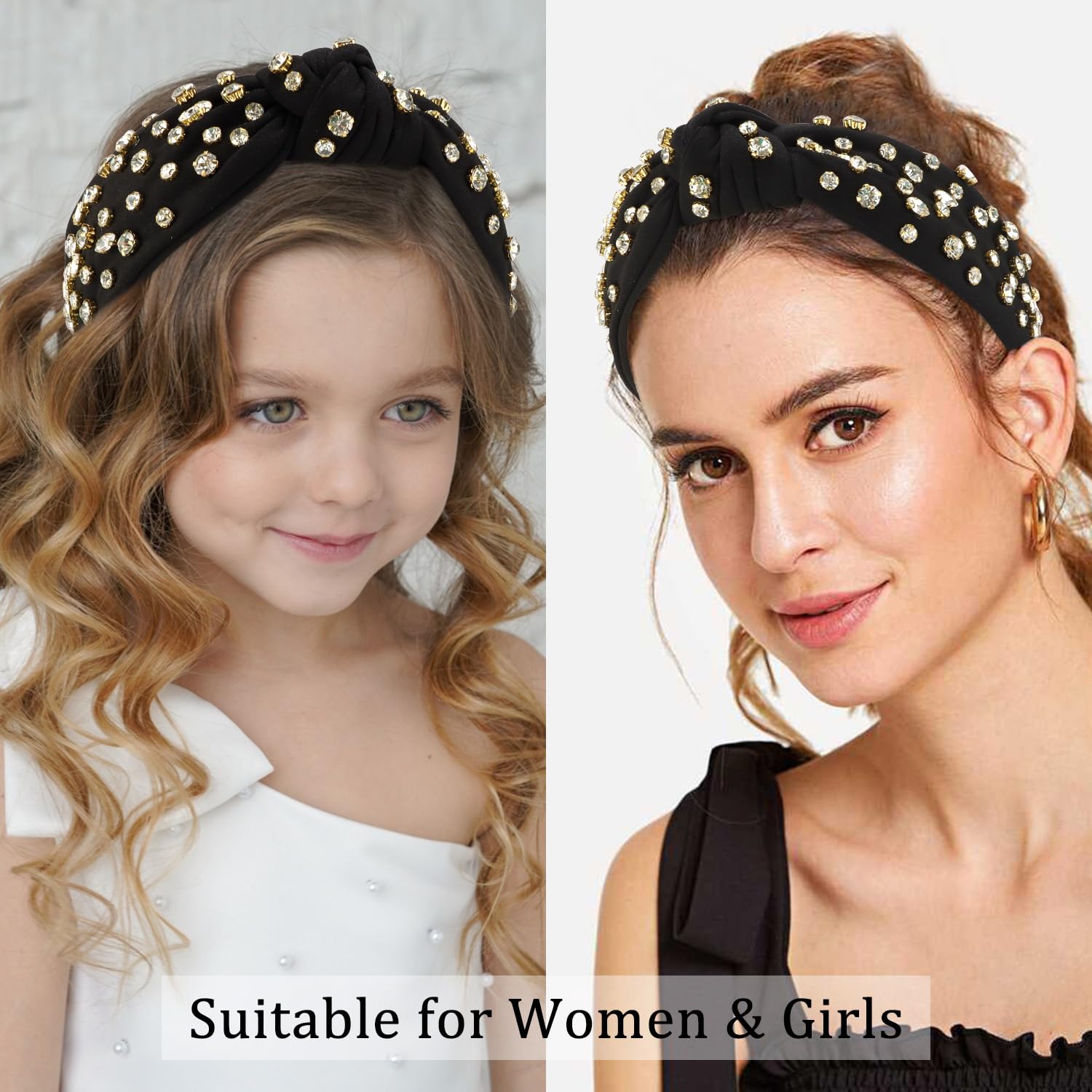 Atoden Wide Top Knot Headband, Black (Clear Rhinestones), Headband For Women'S Hair, Sparkly Embellished Headbands For Girls Gif