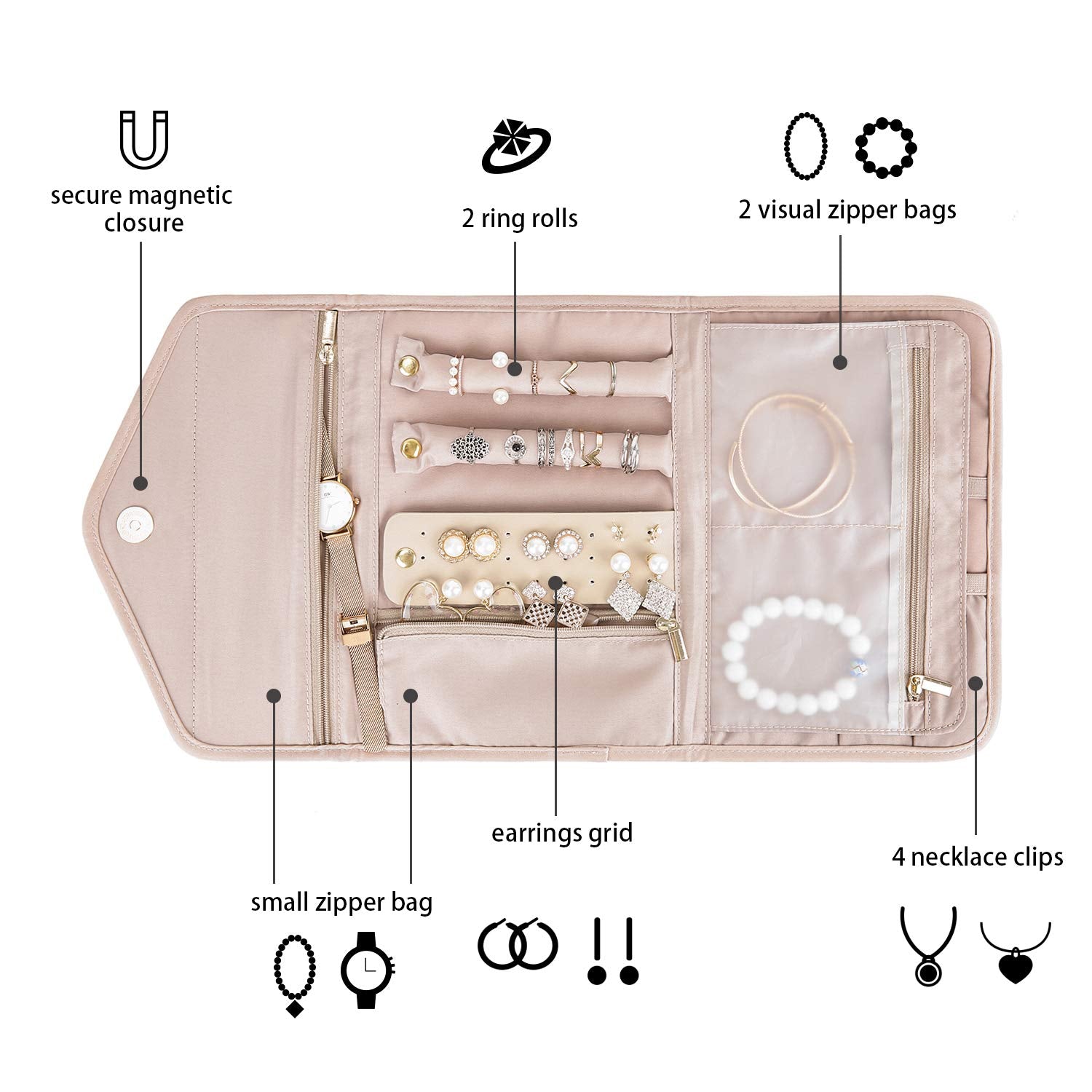 BAGSMART Travel Jewelry Organizer Roll Foldable Jewelry Case for Journey-Rings, Necklaces, Bracelets, Earrings, Soft Pink