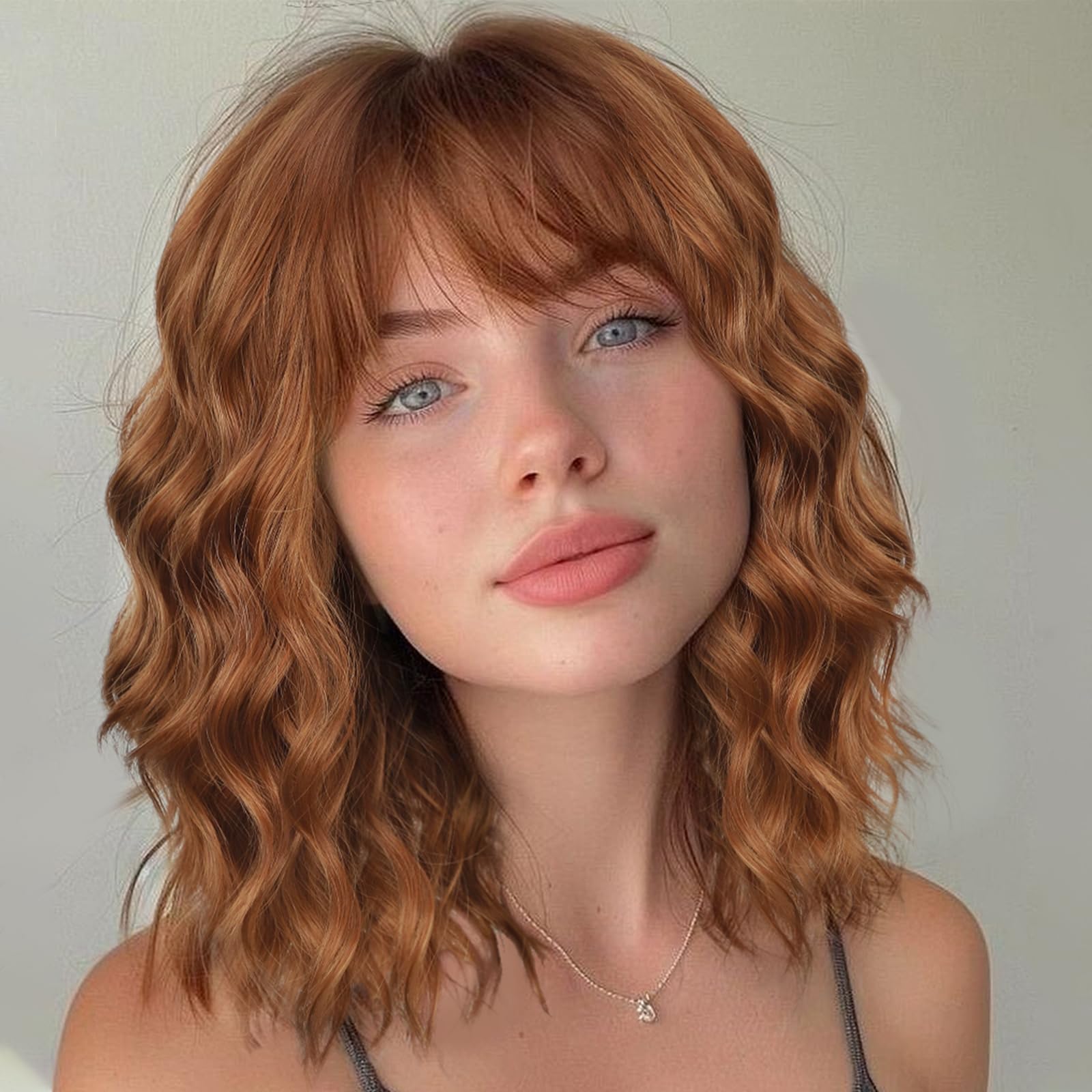Lativ Auburn Wig with Bangs Short Bob Wigs for Women Shoulder Length Ginger Wavy Curly Wigs Synthetic Fiber Wigs 14 Inches for D