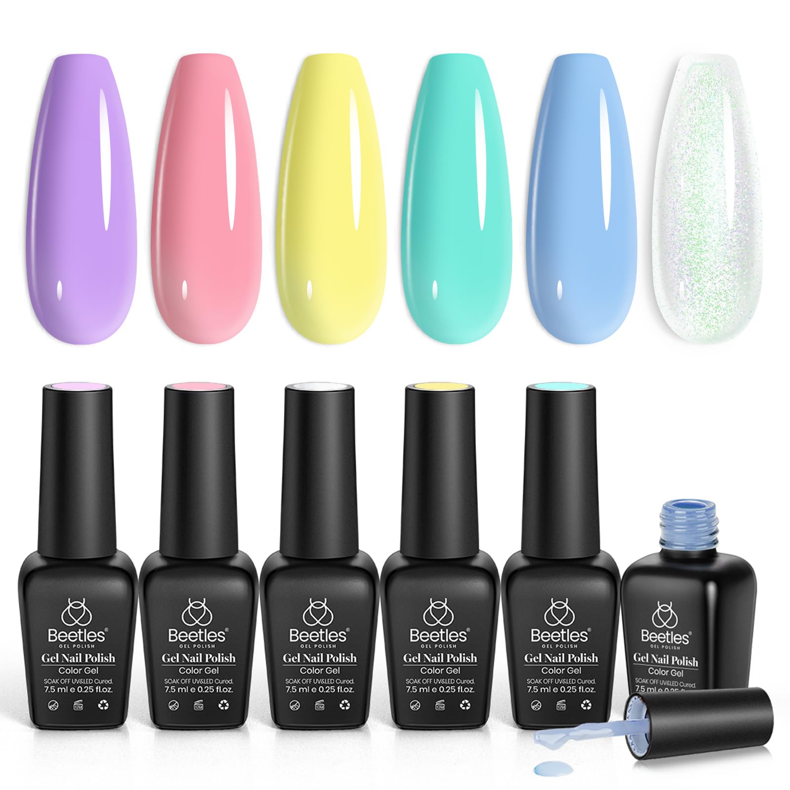 beetles Pastel Gel Polish Set- 6 Colors Purple Yellow Mint Green Gel Polish Set Blue Jelly Rainbow Shimmer Gel Nail Polish Soak 