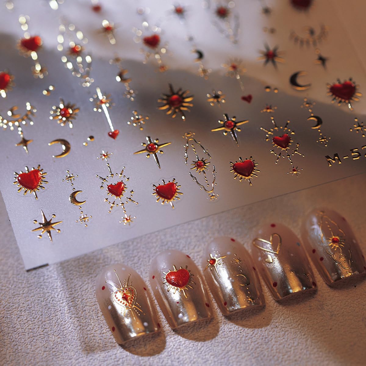 Heart Star Nail Art Stickers Decals Love Heart Valentines Day Nail Stickers Star Moon Sun 5D Embossed Nail Decals Golden Luxury