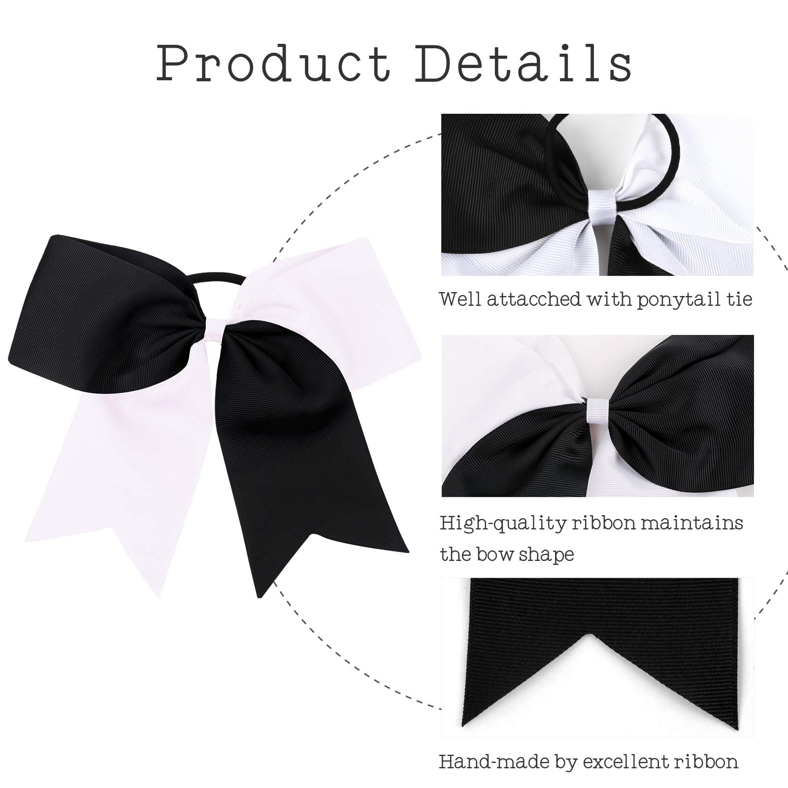 16Pcs 8 '' Large Cheer Hair Bows Ponytail Holder Elastic Band Handmade For Cheerleading Teen Girls College Sports (White/Black,