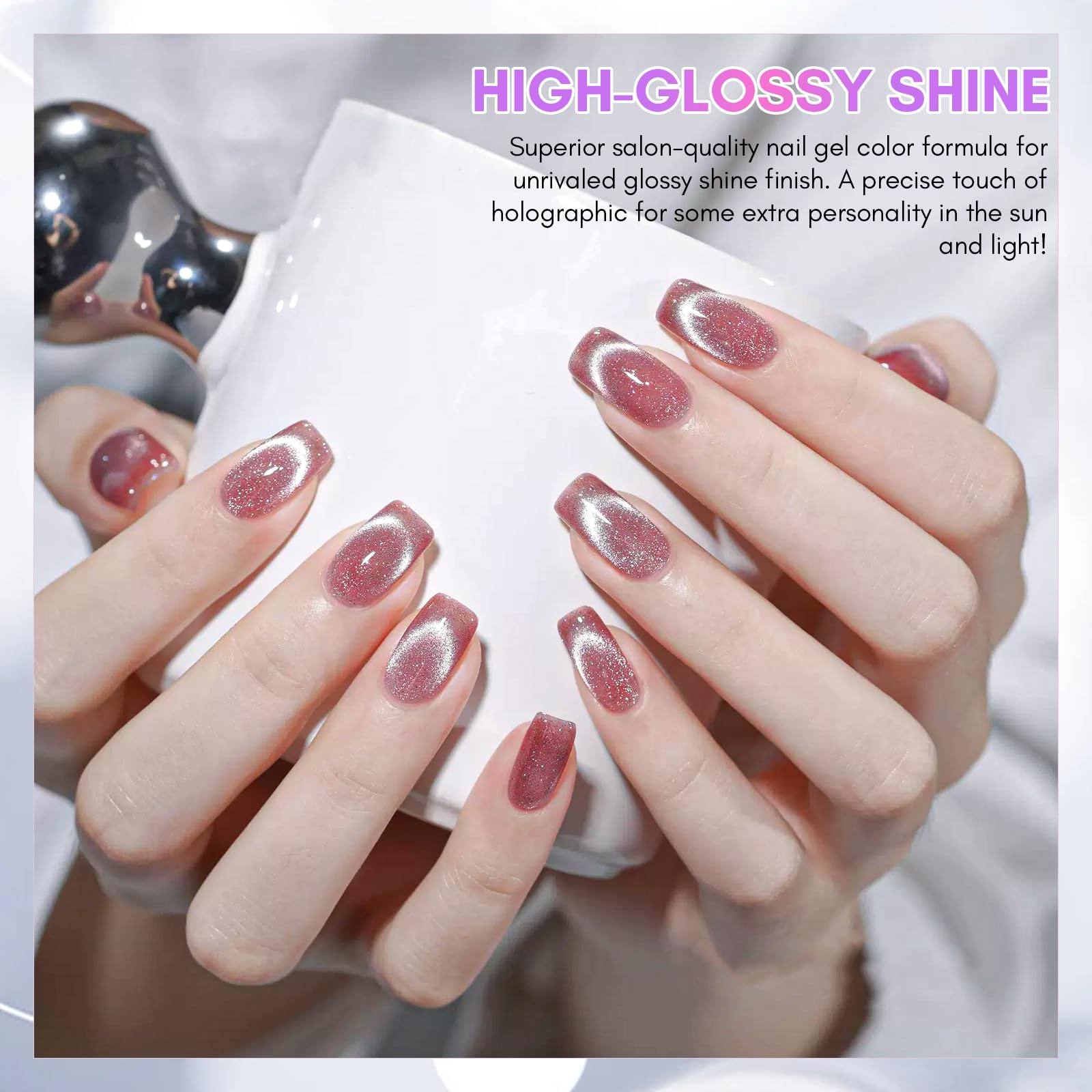 Makartt Holographic Cat Eye Gel Nail Polish,Universal Silver Glitter Nail Polish Shiny Glitter Nail Gel With Magnet Stick Shiny