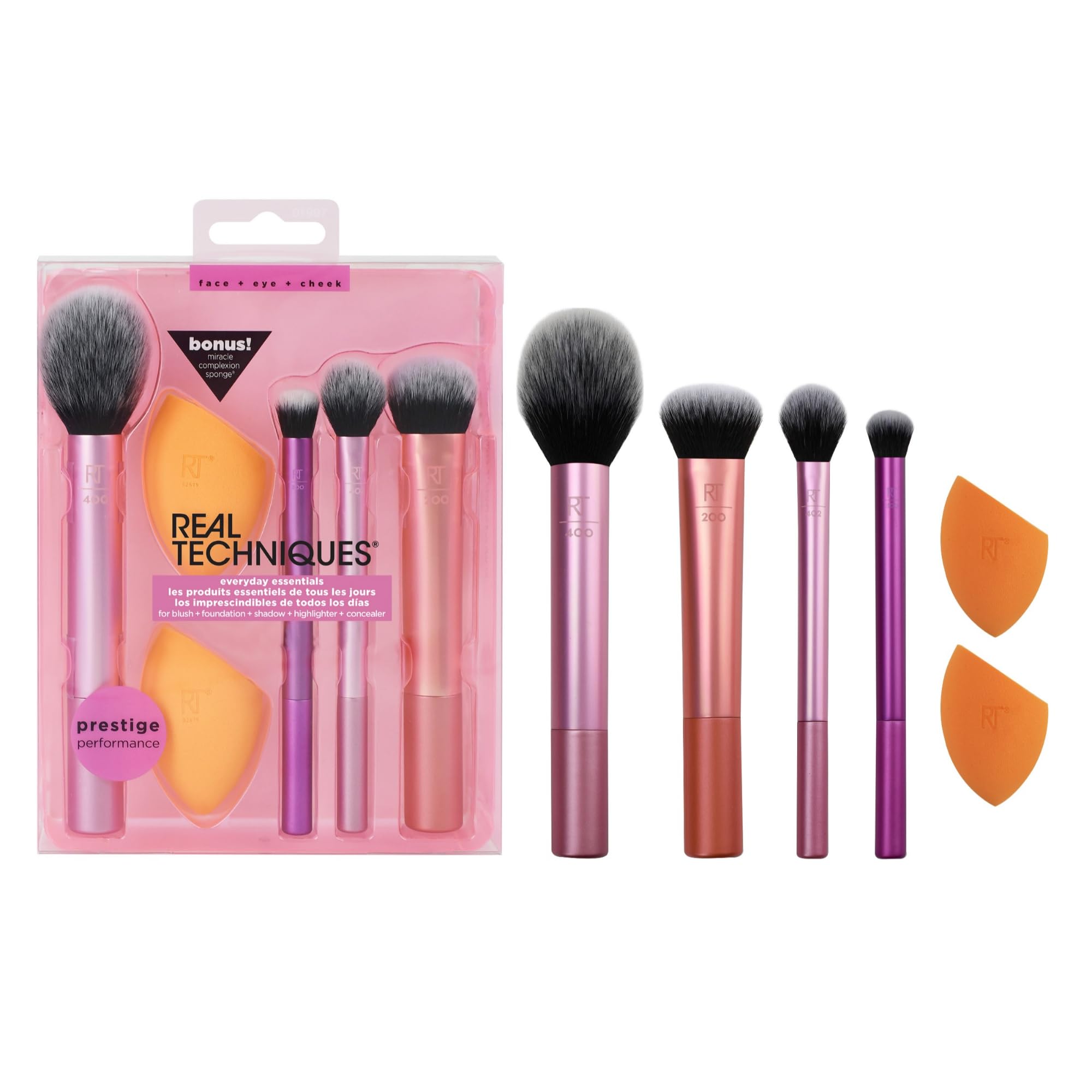 Real Techniques 6 Piece Everyday Essentials Makeup Brush Set, 4 Brushes & 2 Makeup Sponges, For Foundation, Blush, Contour, Eyes