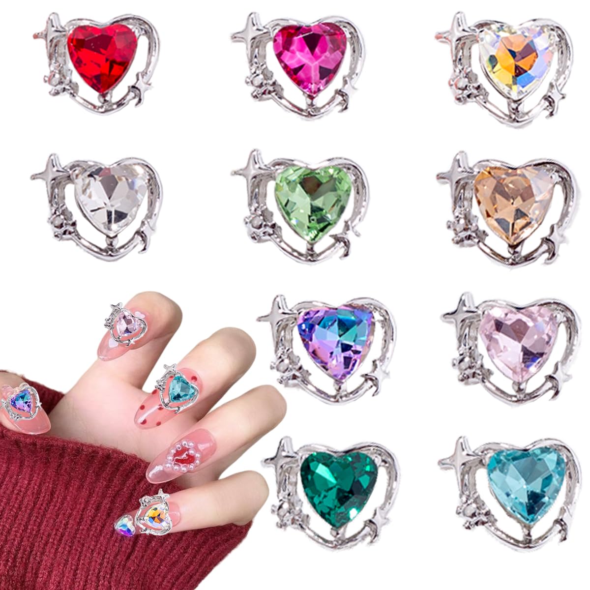10Pcs Silver Heart Nail Art Charms Rhinestones For Nails Valentine'S Day Decals 3D Luxury Love Crystal Nail Rhinestones Gems Lov