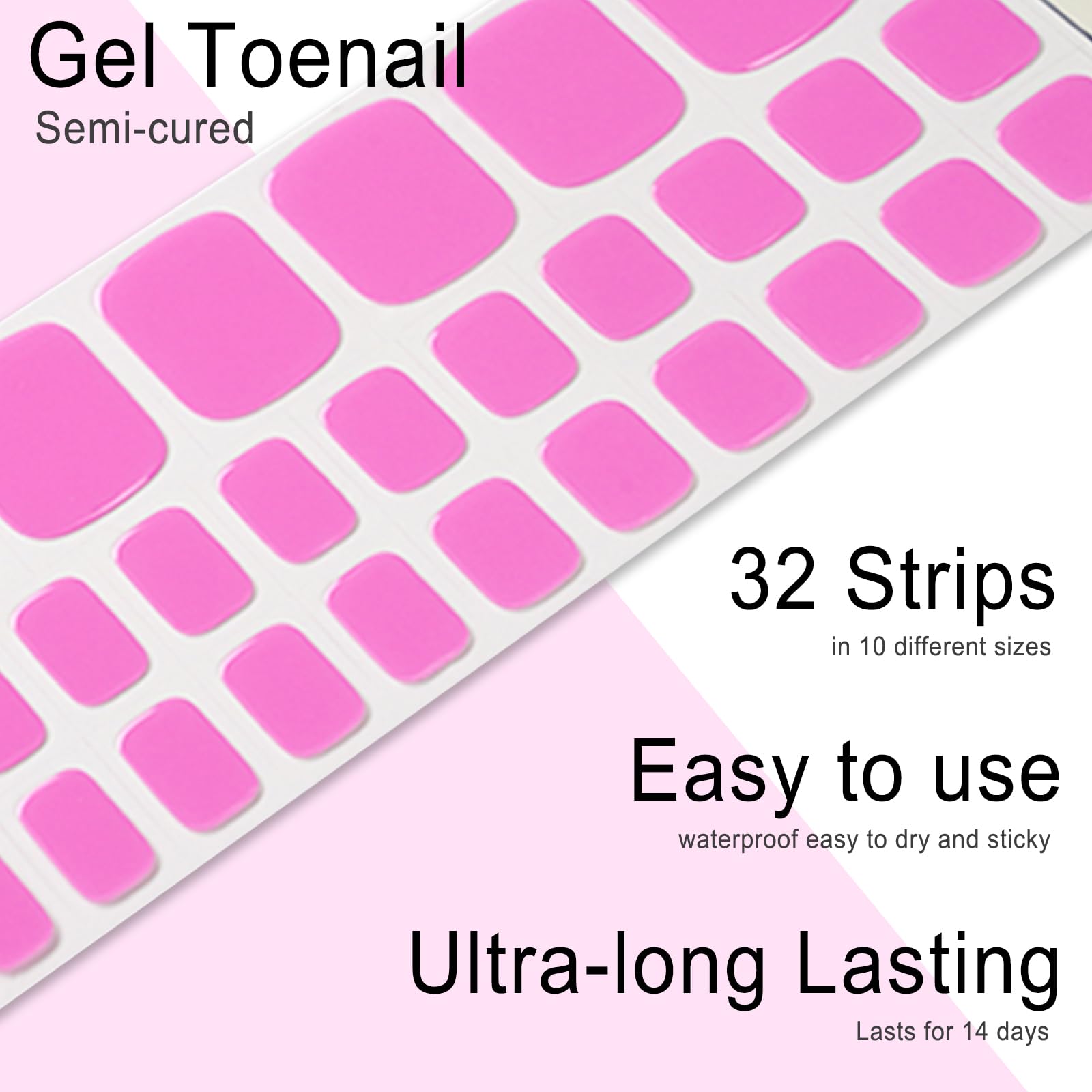 Wekcekcek Semi Cured Gel Toenail Strips, 32 Pink B Gel Toenail Stickers - Works With Any Nail Lamps Gel Pedicure Strips Full Nai