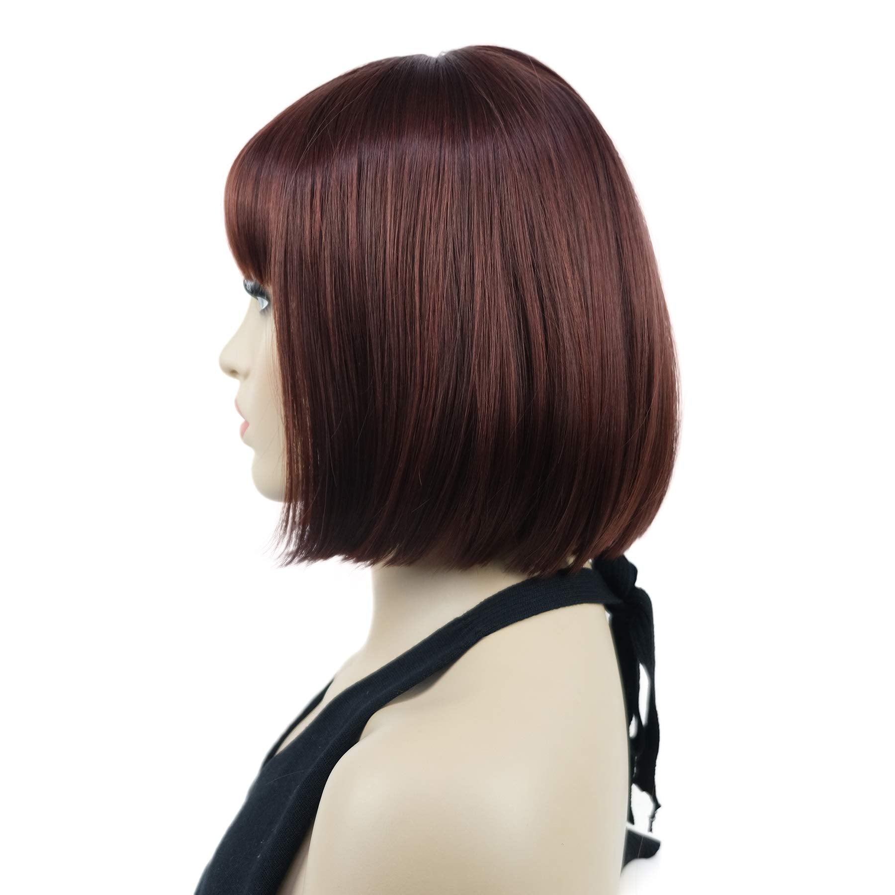 Lydell 8'' Straight Short Bob Hair Flat Bangs Cute Central Dot Skin Top Heat Resistant Synthetic Wigs (33A Dark Auburn)
