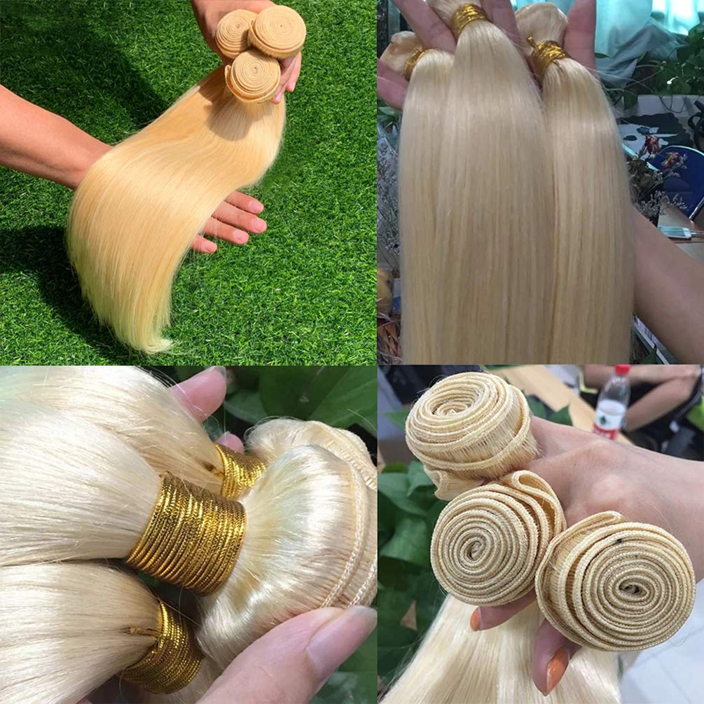613 Human Hair Bundles With Closure (22 24 26+20) 613 Platinum Blonde Straight 3 Bundles With Transparent 4X4 Lace Closure Brazi