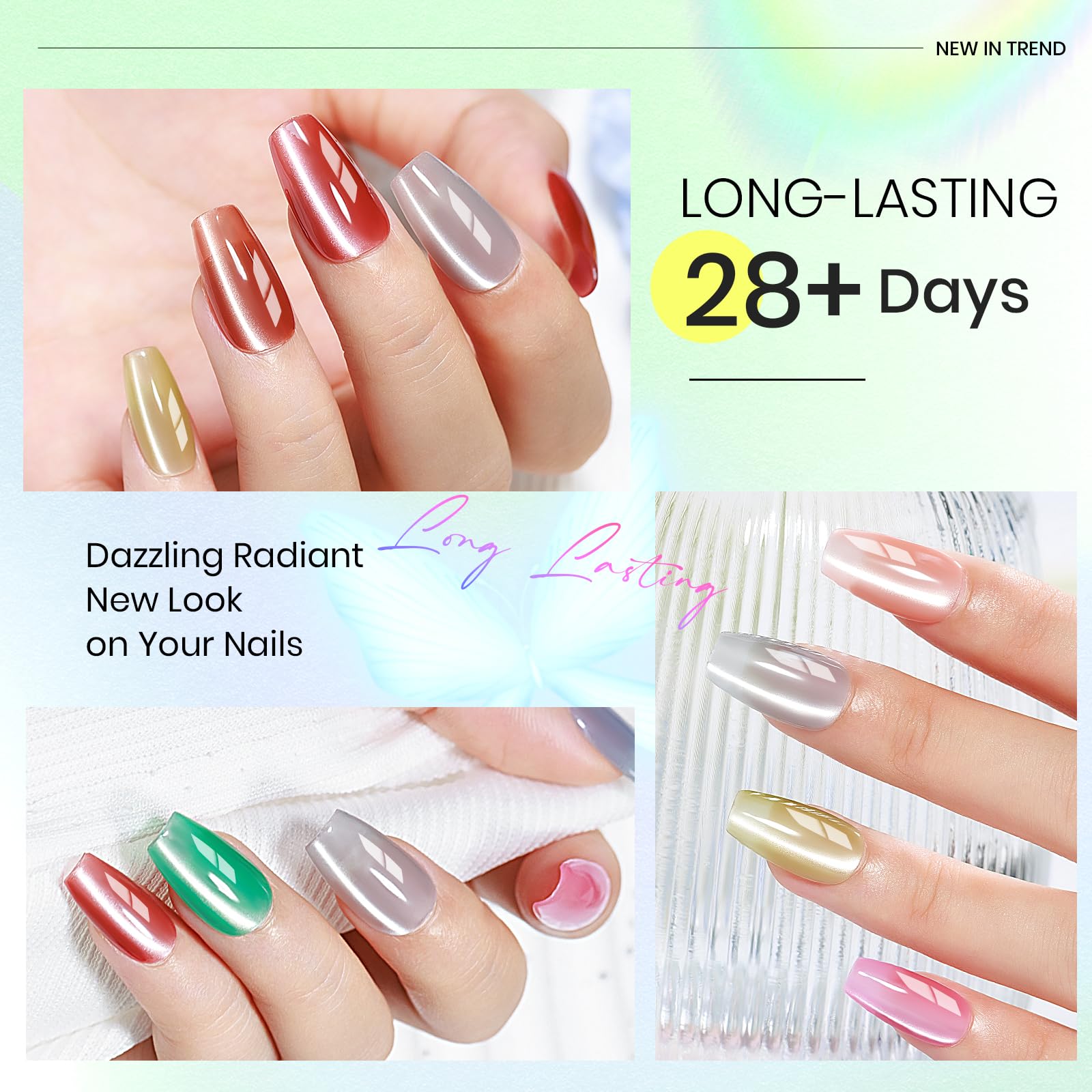 Mizhse Cat Eye Gel Nail Polish Set: 8 Colors Moonlight Magnetic Gel Polish With Magnet Stick, Glass Effect Shimmer Pink Green Re