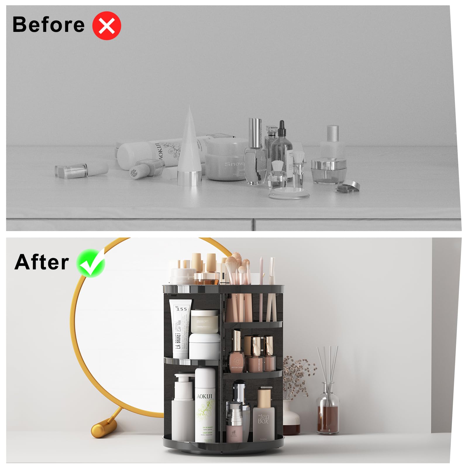 Jiavarry Rotating Makeup Organizer For Vanity, 360 Spinning Skincare Organizers With Adjustable Trays, Make Up Desk Storage Caro