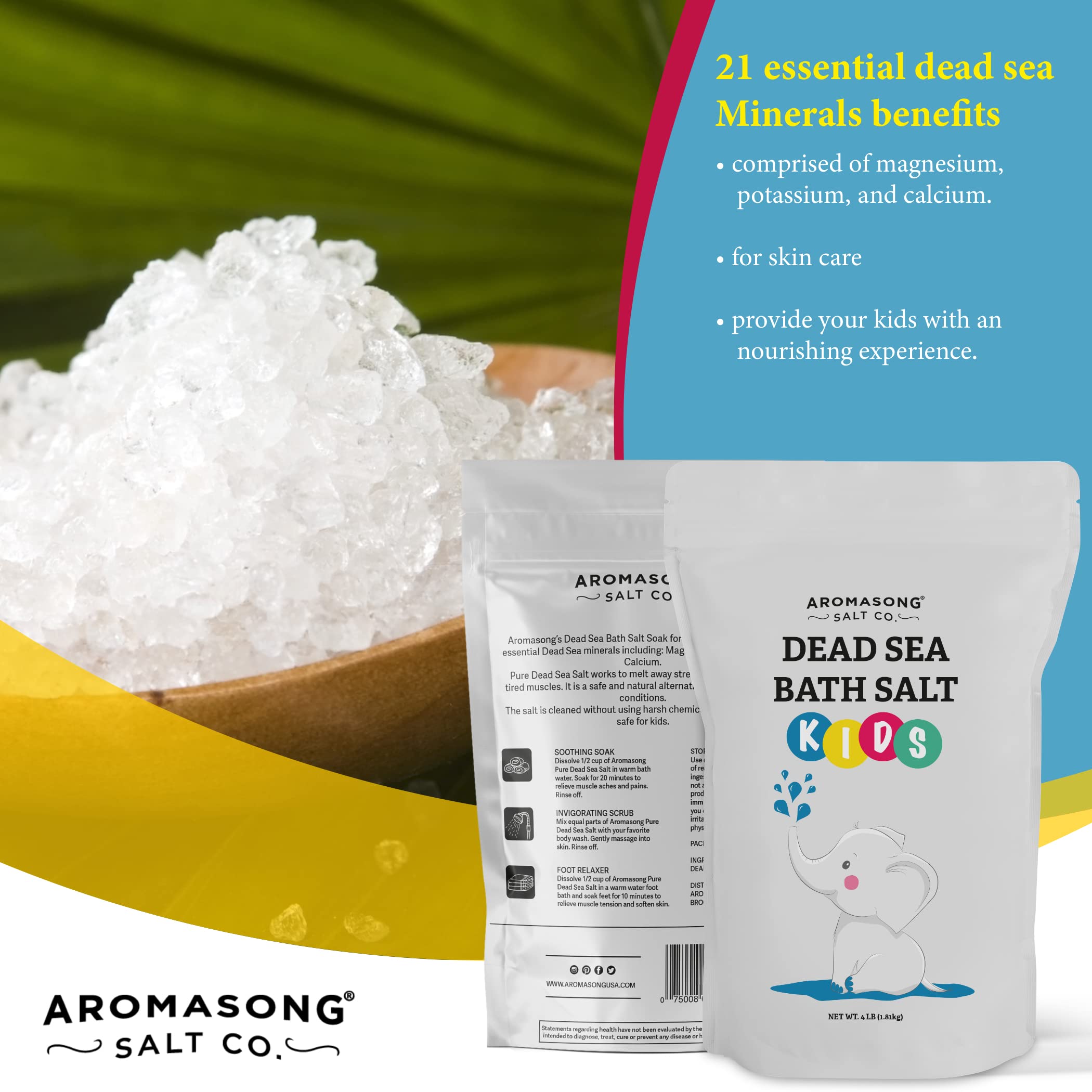 Aromasong Dead Sea Salt For Kids Bath Soak, 4 Lbs. Fine Grain Large Bulk Resealable Pack, 100% Pure & Natural.