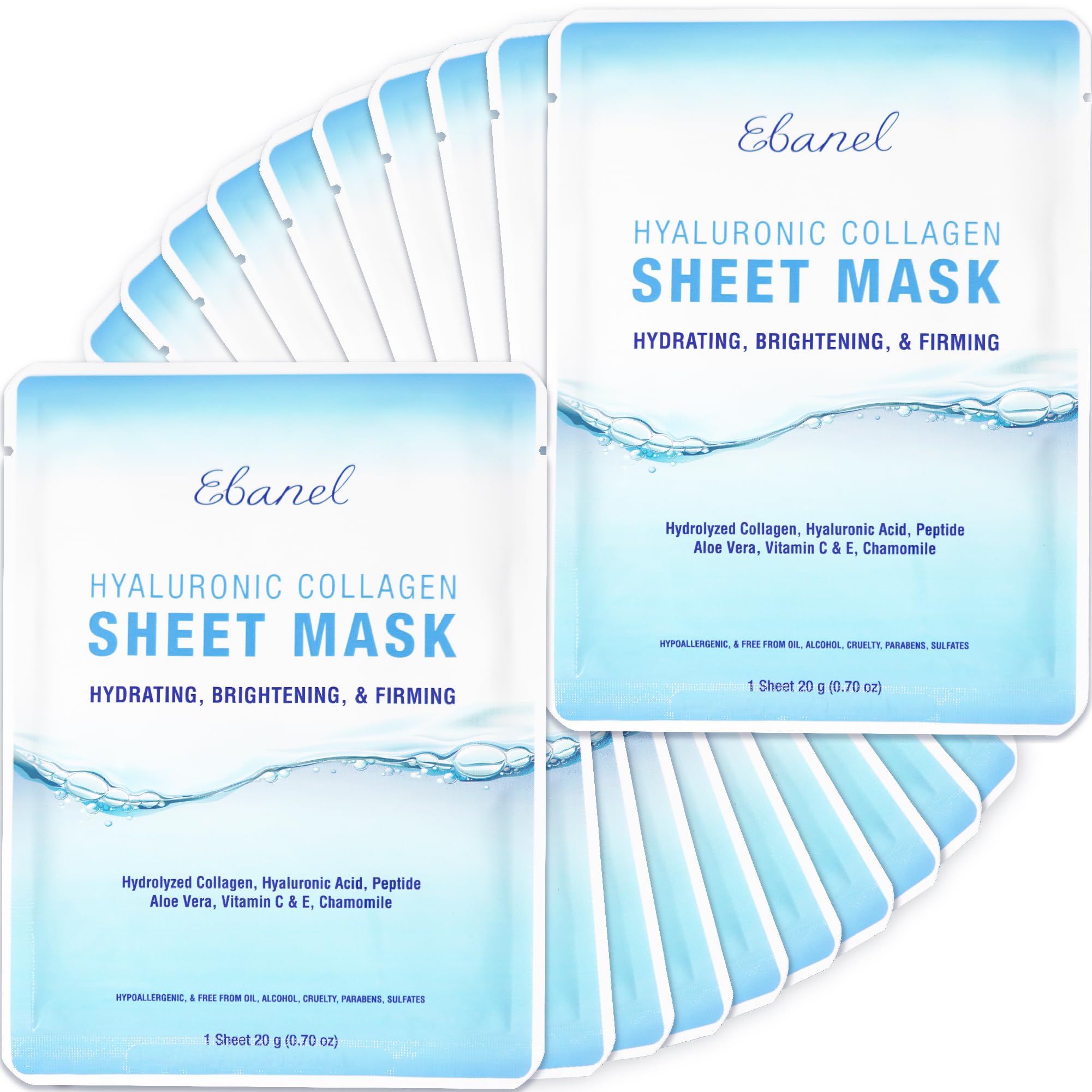 Ebanel 20 Pack Collagen Peptide Hydrating Face Masks, Instant Brightening Firming Anti Aging Face Sheet Masks, Moisturizing Spa