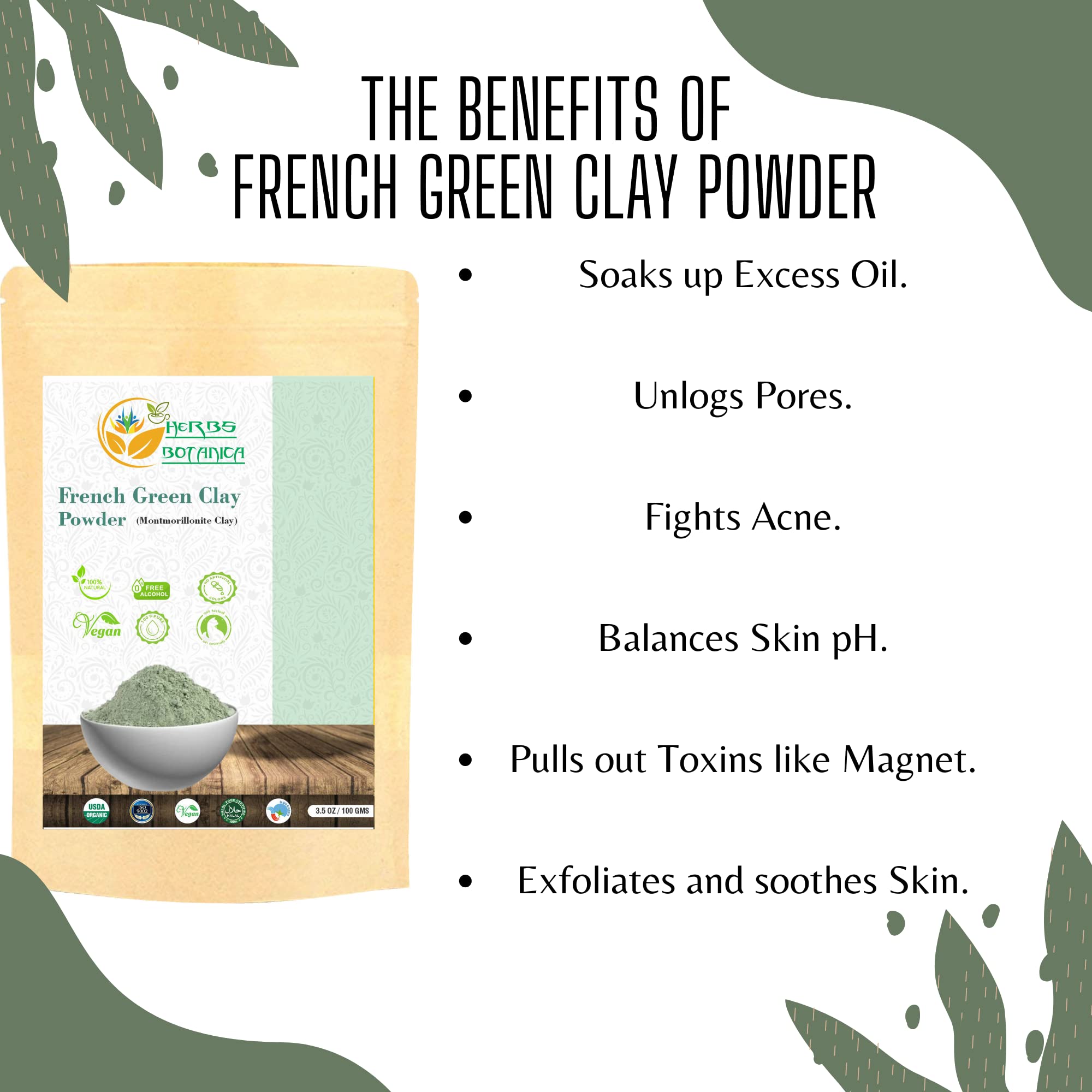 Herbs Botanica French Green Clay Powder 100% Pure & Natural Montmorillonite Clay For Face Masks, Skincare, And Diy Beauty Finely