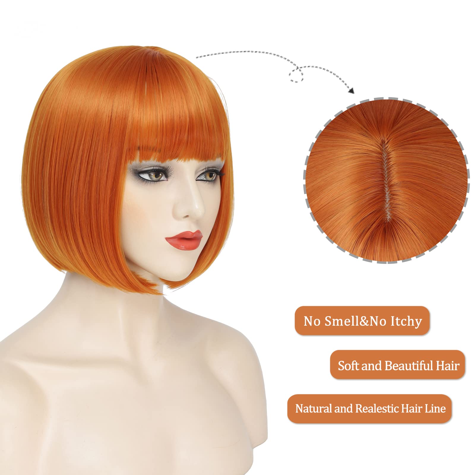 Ybymcai Orange Bob Wig For Women Short Ginger Bob Wig With Bangs Straight Bob Bangs Wig 10 Inch Heat Resistant Synthetic Hair Na