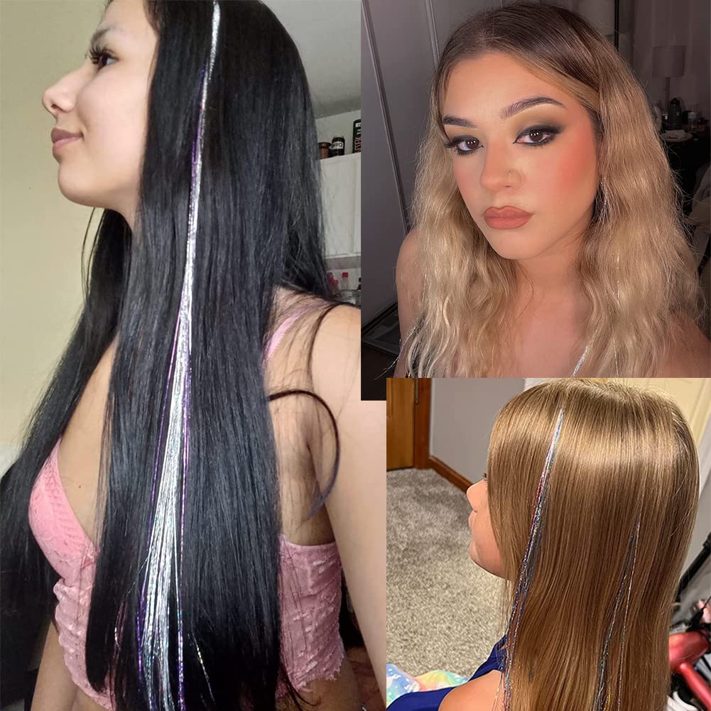 Hair Tinsel Kit With Tools 47Inch 1200 Strands glitter Tinsel Hair Extensions Sparkling Shiny Hair Tinsel Strands Kit Heat Resis