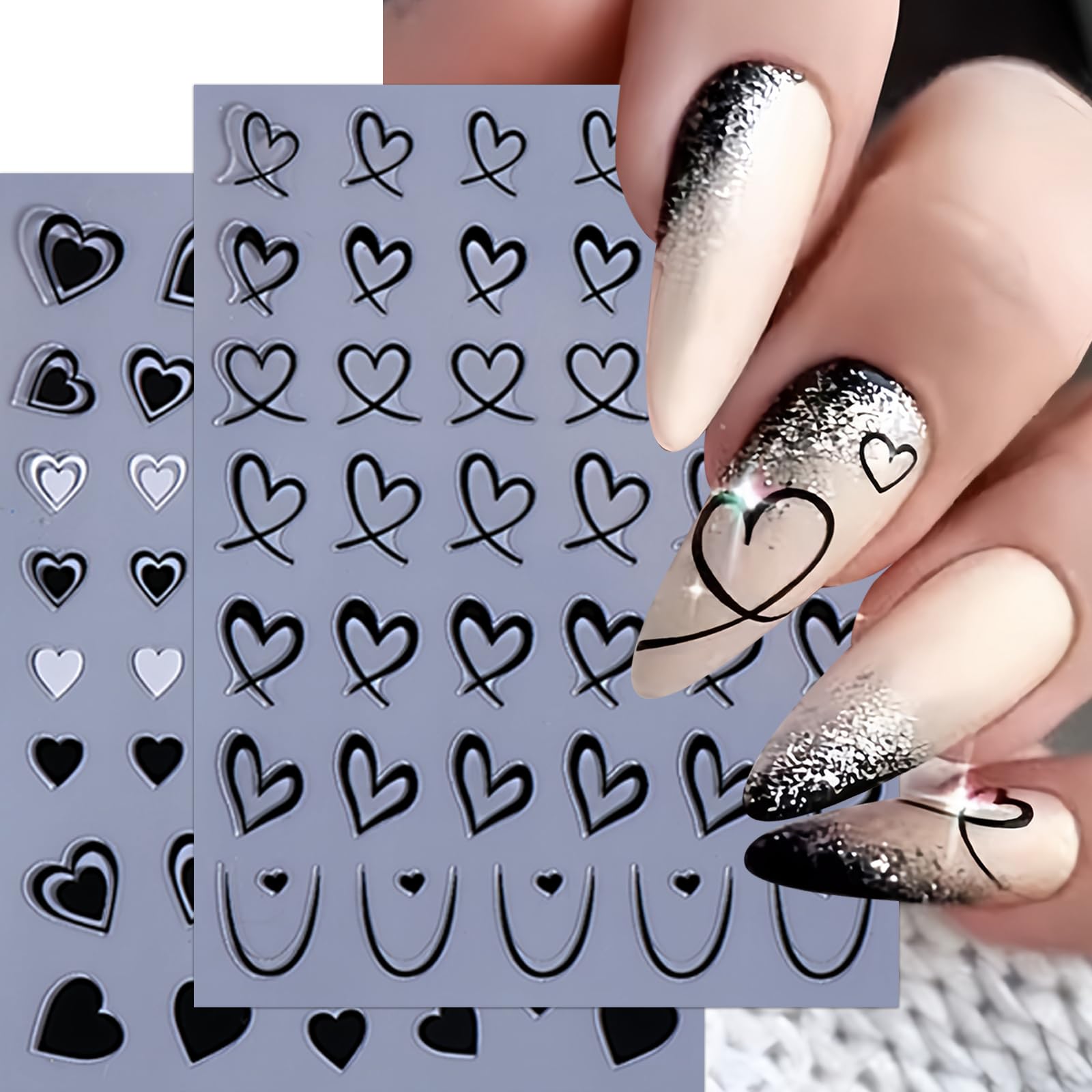 8 Sheets Heart Nail Stickers Valentine'S Day Nail Art Stickers Love Hearts Nail Decals 3D Self-Adhesive Gold Black White Love He