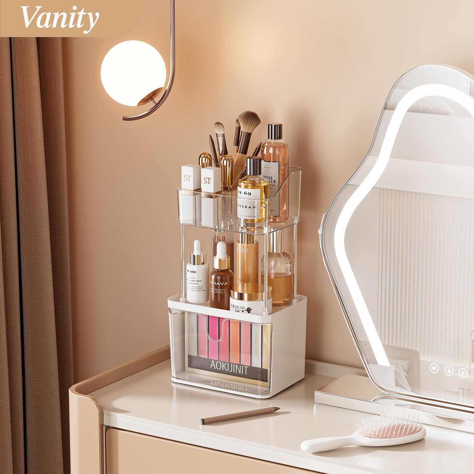 Delamu Bathroom Counter Organizer, 2-Tier Makeup Organizer For Vanity With Large Drawers, Skincare Organizer 6 Compartments For