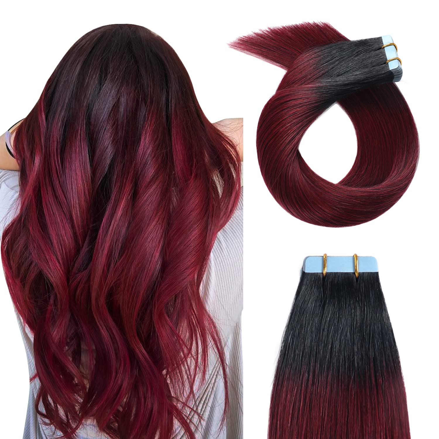18Inch Ombre T1/99J Tape In Hair Extensions Human Hair Jet Black To Red Ombre 20Pcs 50G Tape In Hair Extensions Human Hair, Natu