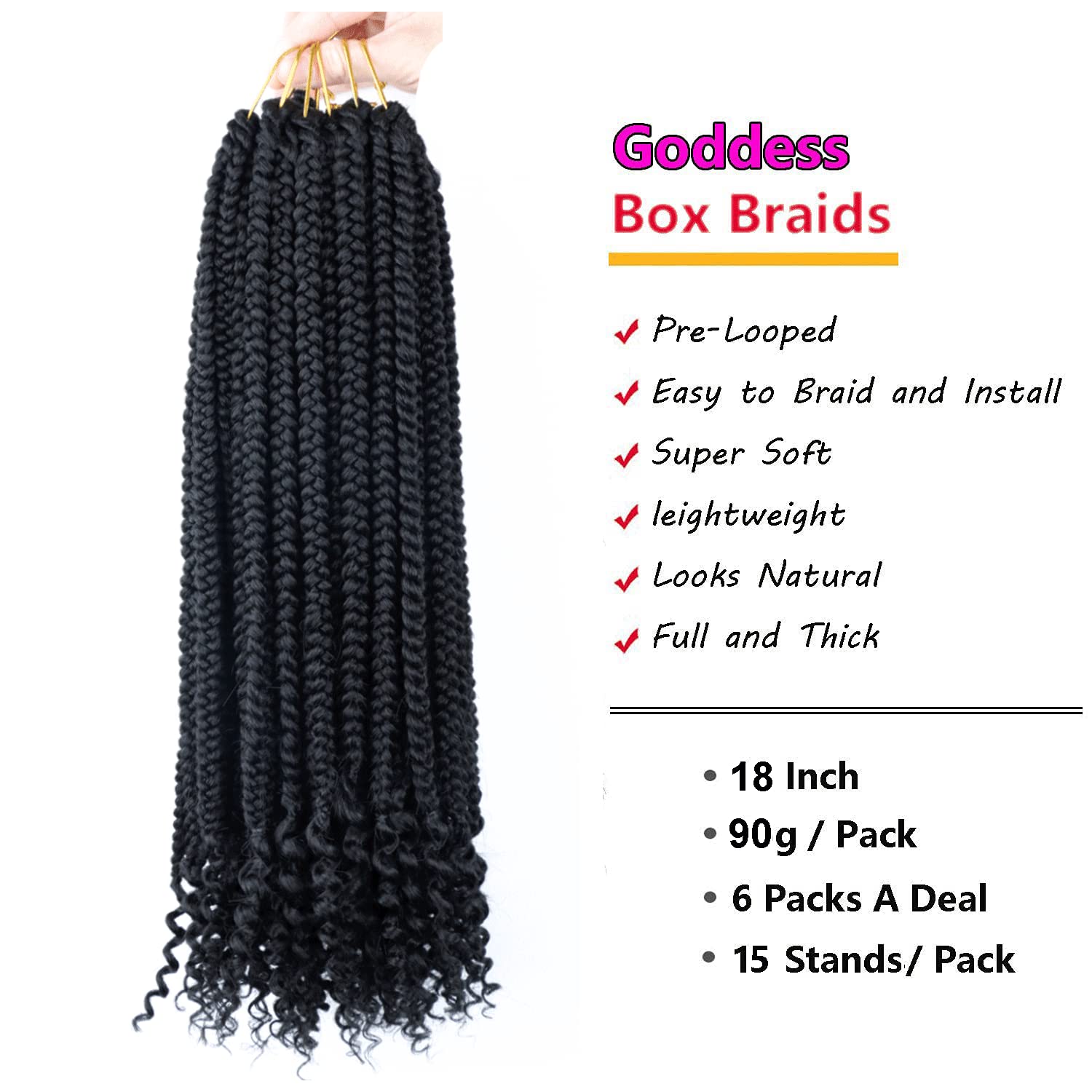 6 Packs Crochet Box Braids Curly Ends 18 Inch Bohemian Box Braids Crochet Hair For Black Women (1B, 18 Inch)