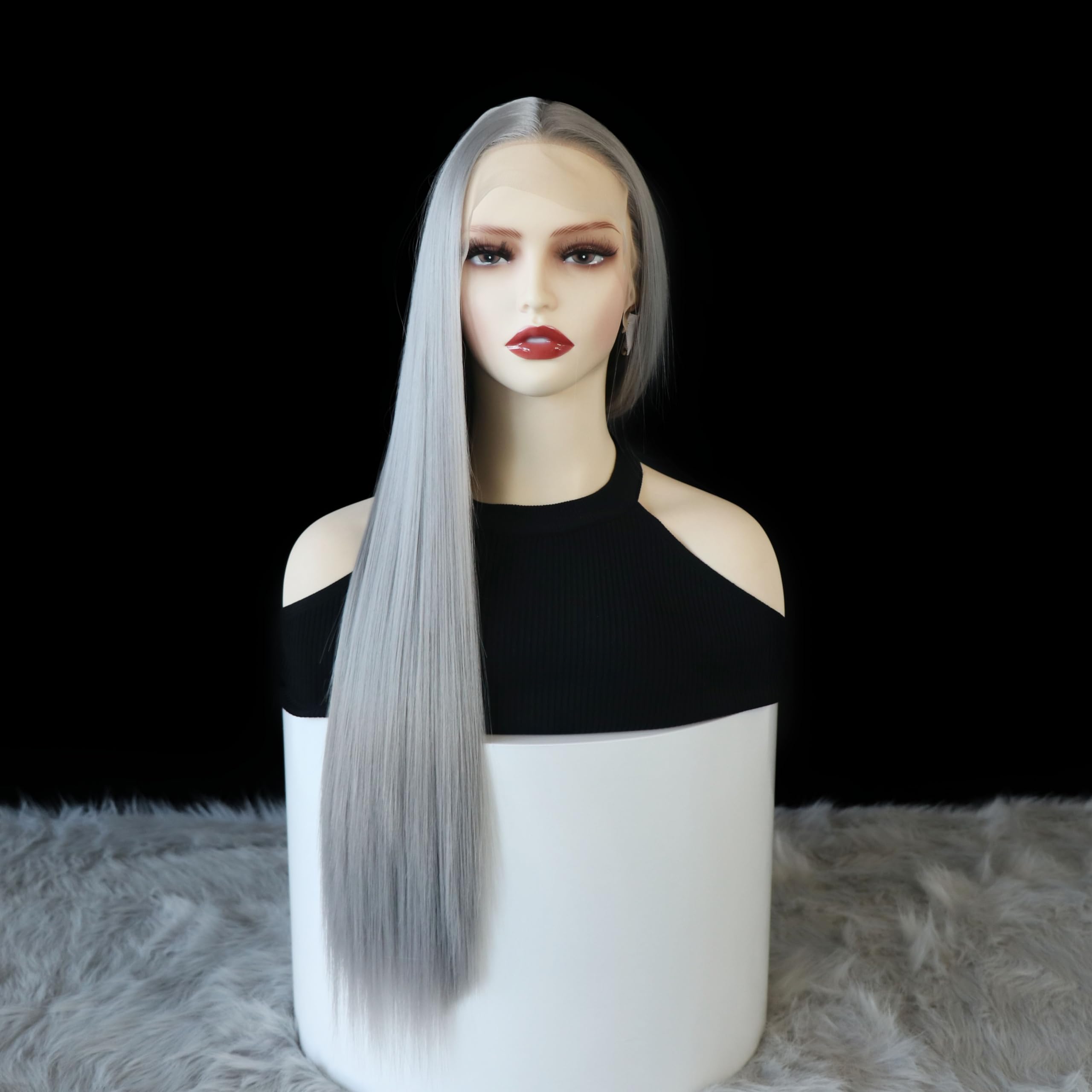 Wxhwcx Grey Synthetic Lace Front Wig Straight Free Part Heat Resistant Fiber Hair Glueless Lace Wigs For Women Natural Hairline