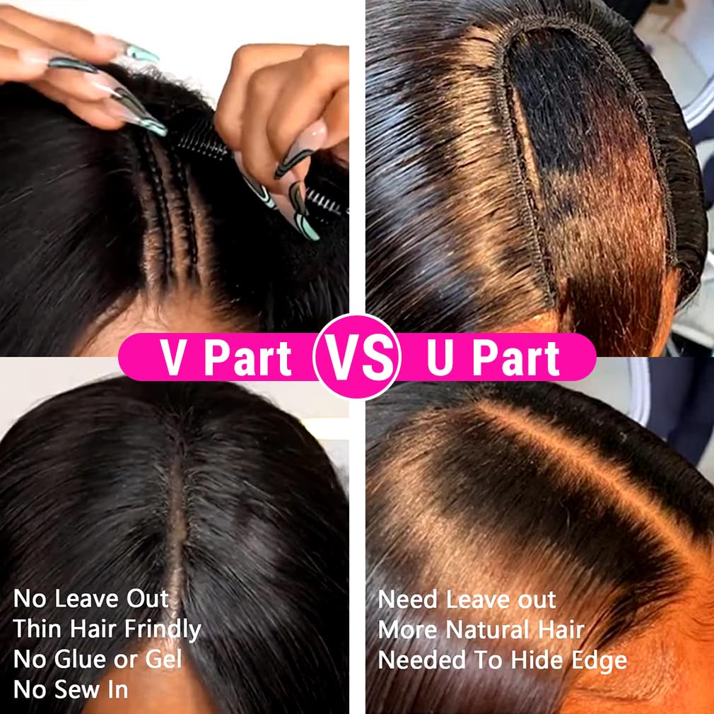 Aolvoblees V Part Wigs Human Hair Straight Minimal/No Leave Out Upgrade U Part Wig for Black Women V Shape 200% Density No Lace