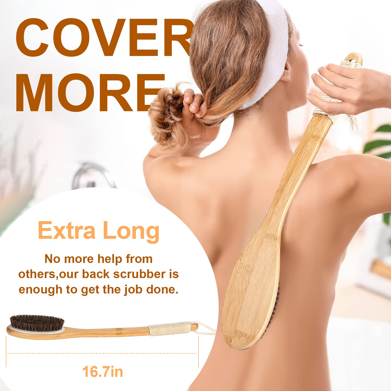 eaxun Exfoliating Back Scrubber - 16.7" Bamboo Body Brush with Natural Bristles for Wet/Dry Use, Ideal Bath Tool for Men & Women