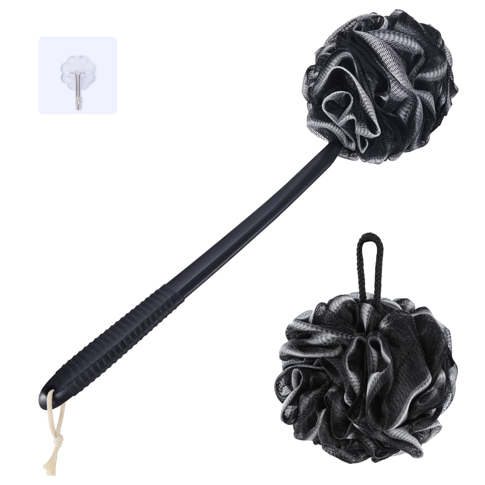 Vanzavanzu Loofah Sponge Set Loofah Exfoliating Body Scrubber, Anti-Slip Plastic 17'' Handle Loofah On A Stick With Fluffy Showe