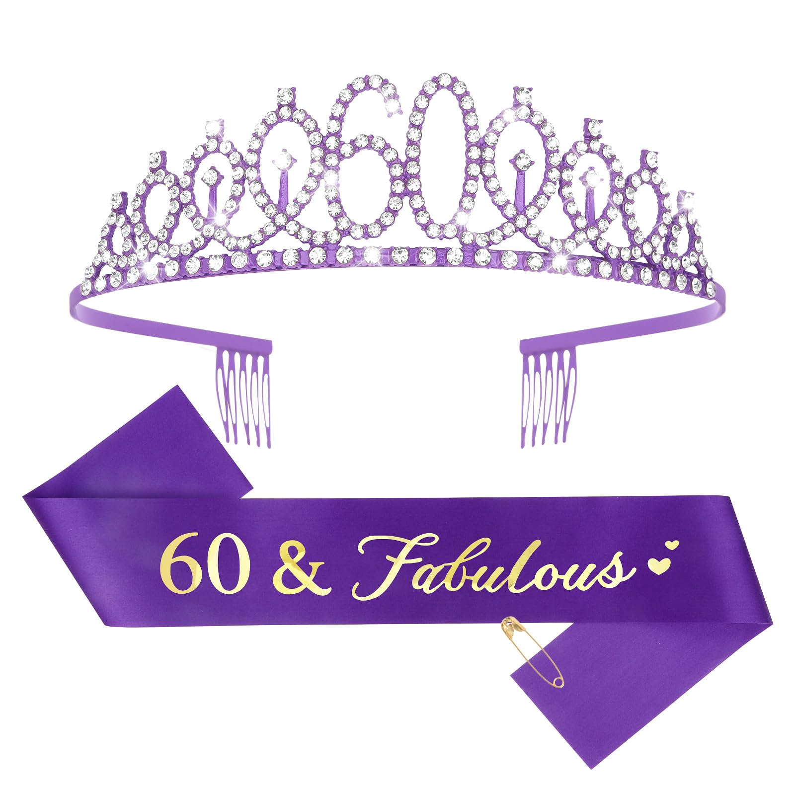 CIEHER 60th Birthday Gifts for Women, Purple 60th Birthday Crown + 60 & Fabulous Birthday Sash, Purple 60th Birthday Decorations