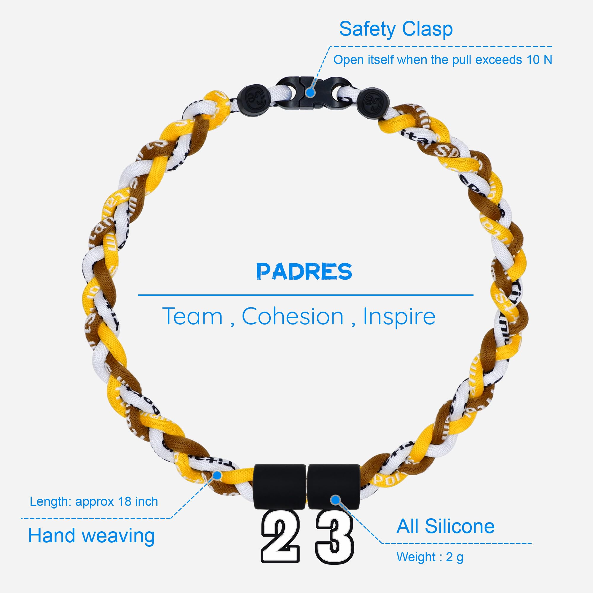 SUPBOMM Baseball Rope Necklaces, League Team Colors Braided Necklace with Number Pendant, Baseball Team Gifts, Padres, No. 23