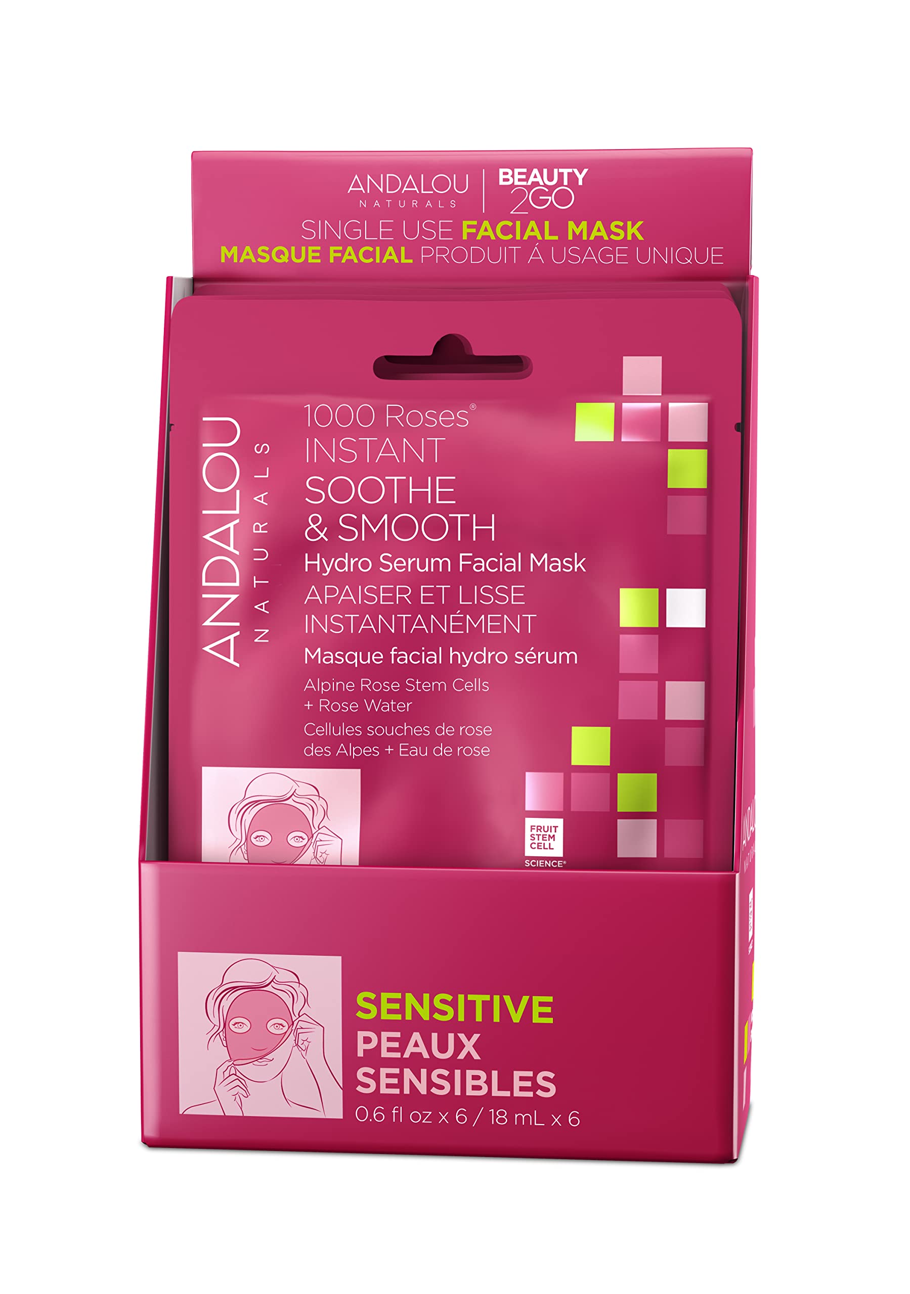 Andalou Naturals, 1000 Roses, Instant Soothe & Smooth Sheet Mask, Single Face Mask, 0.6 oz, (Pack of 6)