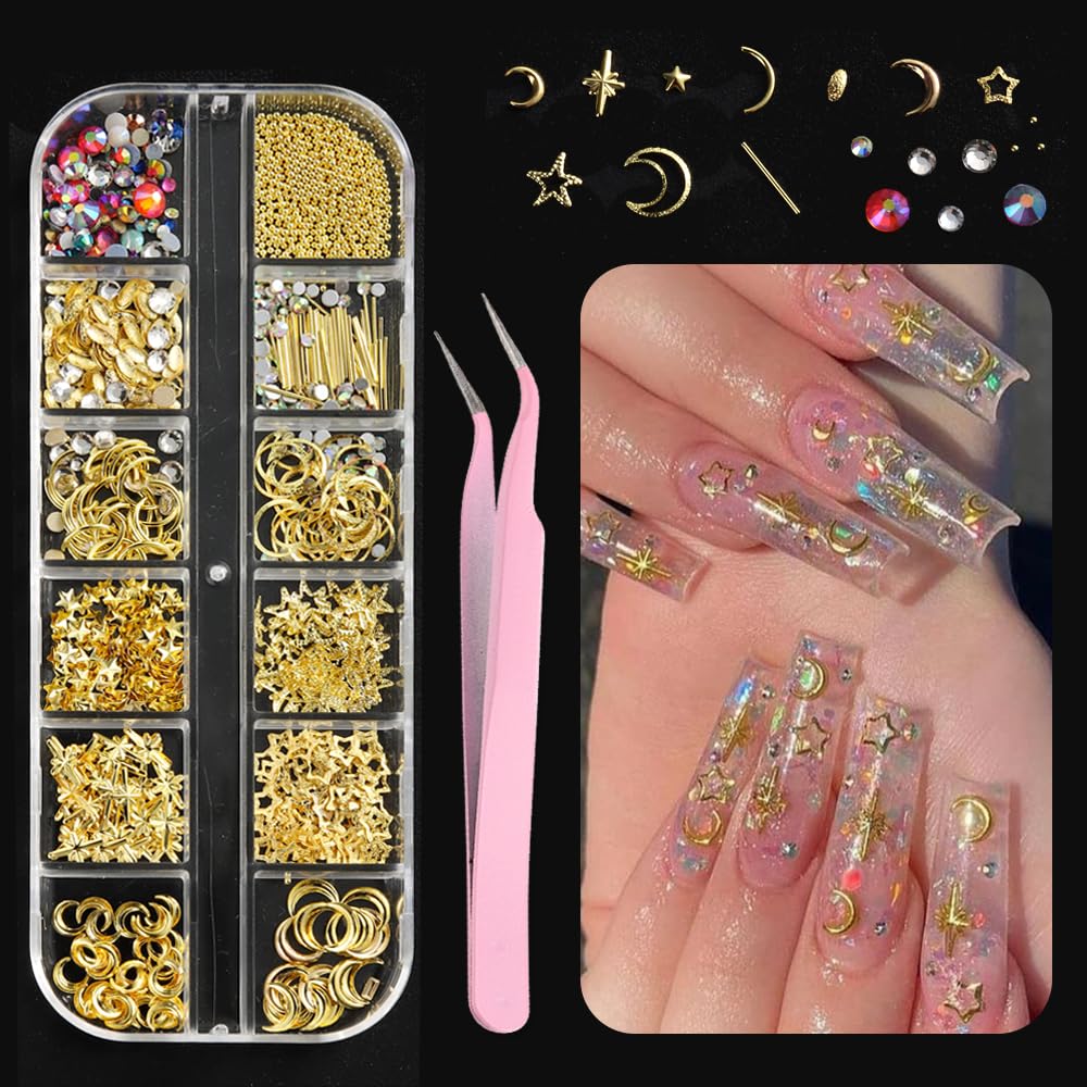 3D Alloy Nail Art Studs Nail Charms, Gold Hollow Star Moon Metal Nail Rivets Crystal Rhinestones Gems Jewelry DIY Crafts Manicur