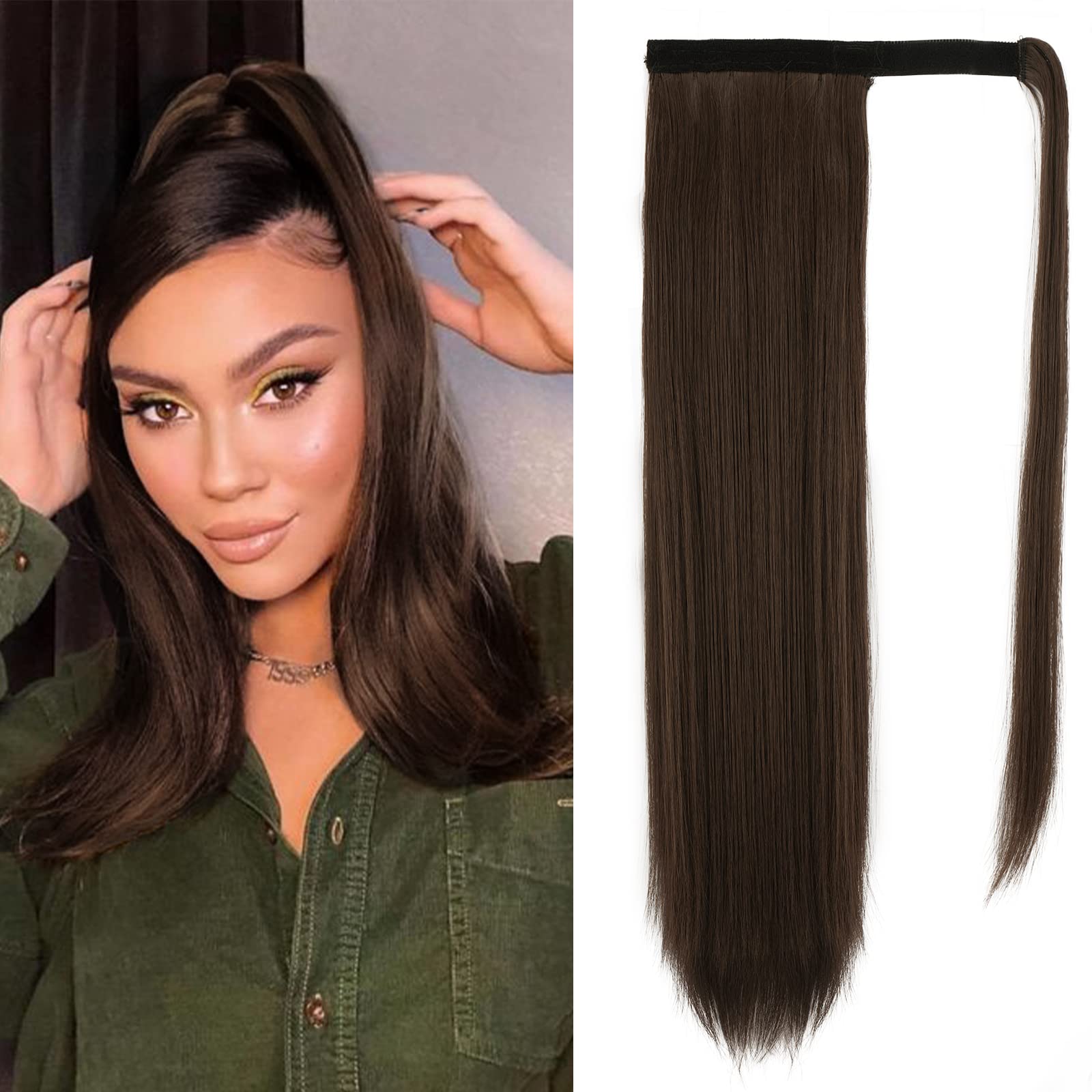BARSDAR 20 Inch Brown Ponytail Extension Long Straight Wrap Around Clip in Ponytail Hair Extensions Synthetic Pony Tails Hairpie