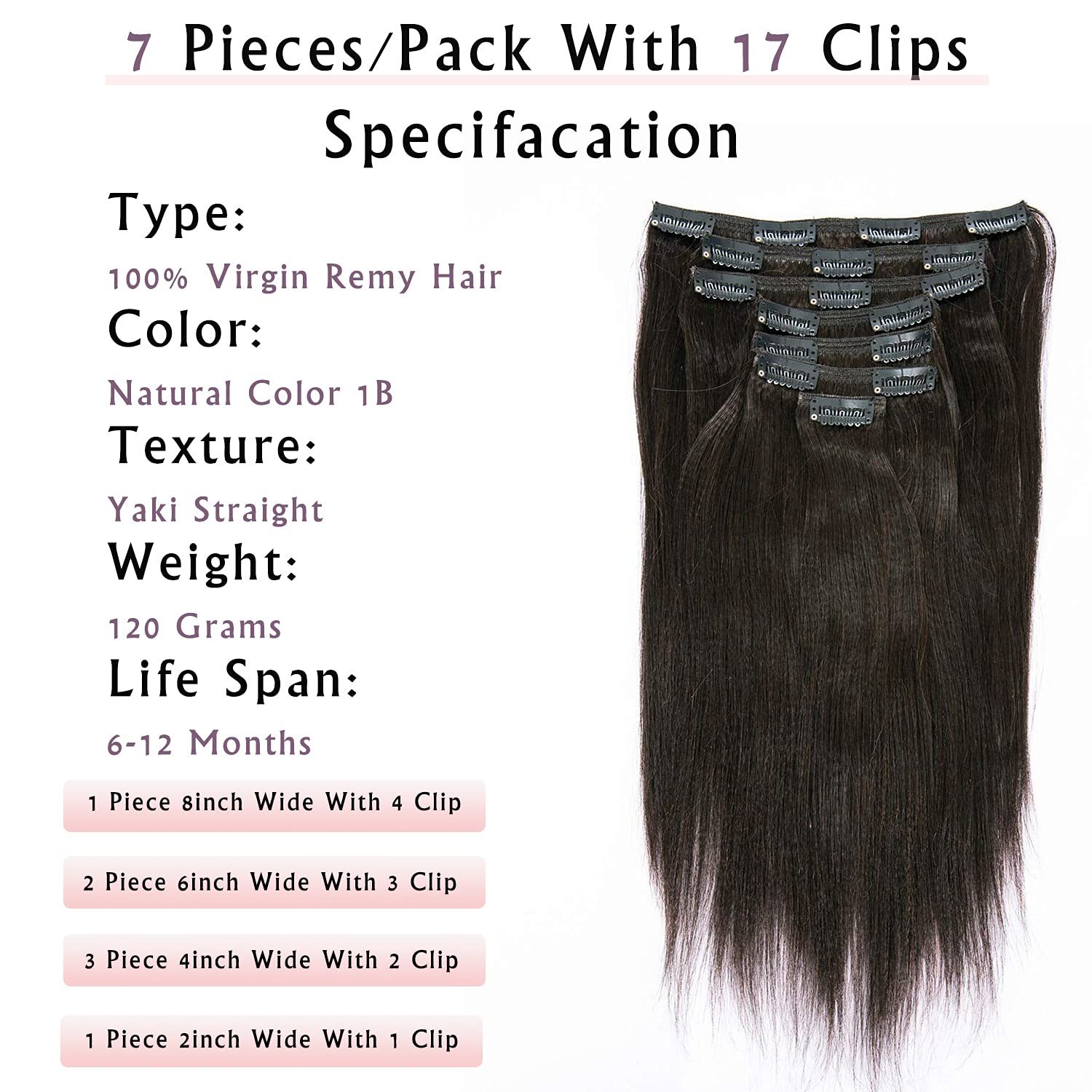 Anrosa Yaki Perm Clip in Hair Extensions Real Human Hair for Black Women Relaxed Hair for 7 Piece 120 Gram, Natural Color Hair 1