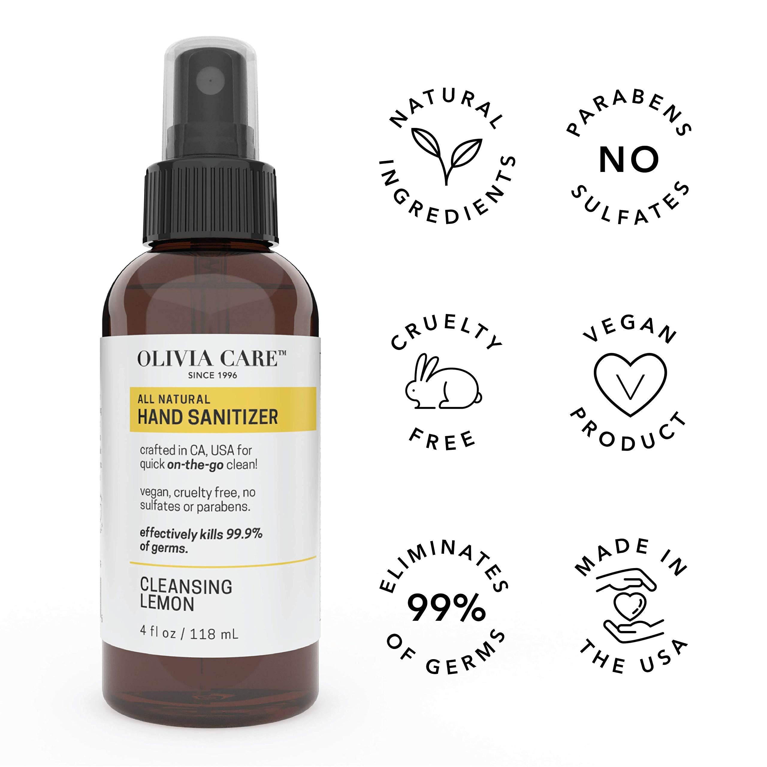 Hand Cleaning Spray By Olivia Care - Infused with Cleansing Lemon Essential Oils - Germ-Killing, Portable, Moisturizing - Remove