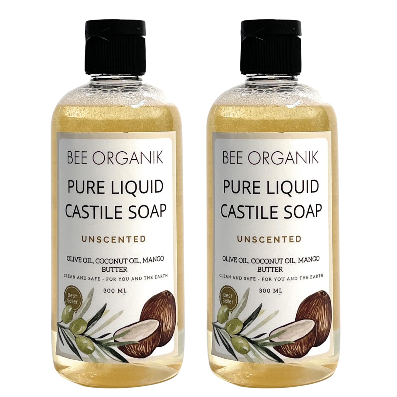 Bee Organik Liquid Castile Soap (Pack Of 2) Unscented 300Ml X 2