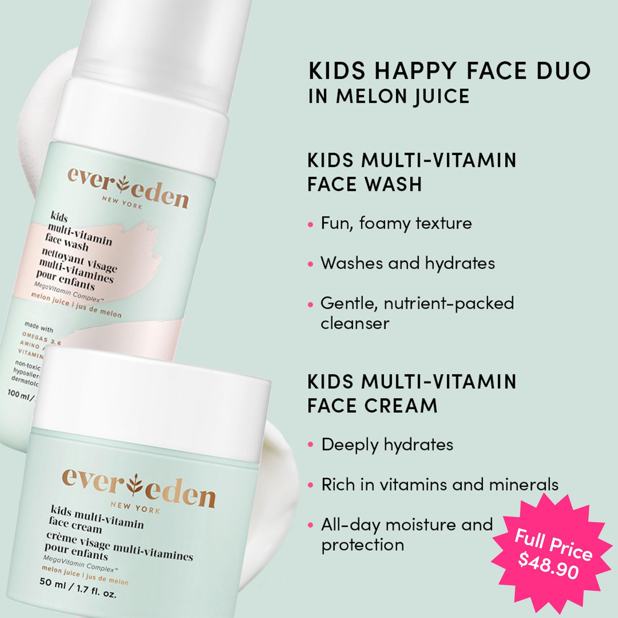 Evereden Kids Happy Face Duo (Melon Juice) - Multi-Vitamin Kids Face Wash & Kids Face Cream Set - Clean & Vegan Skin Care for Ki
