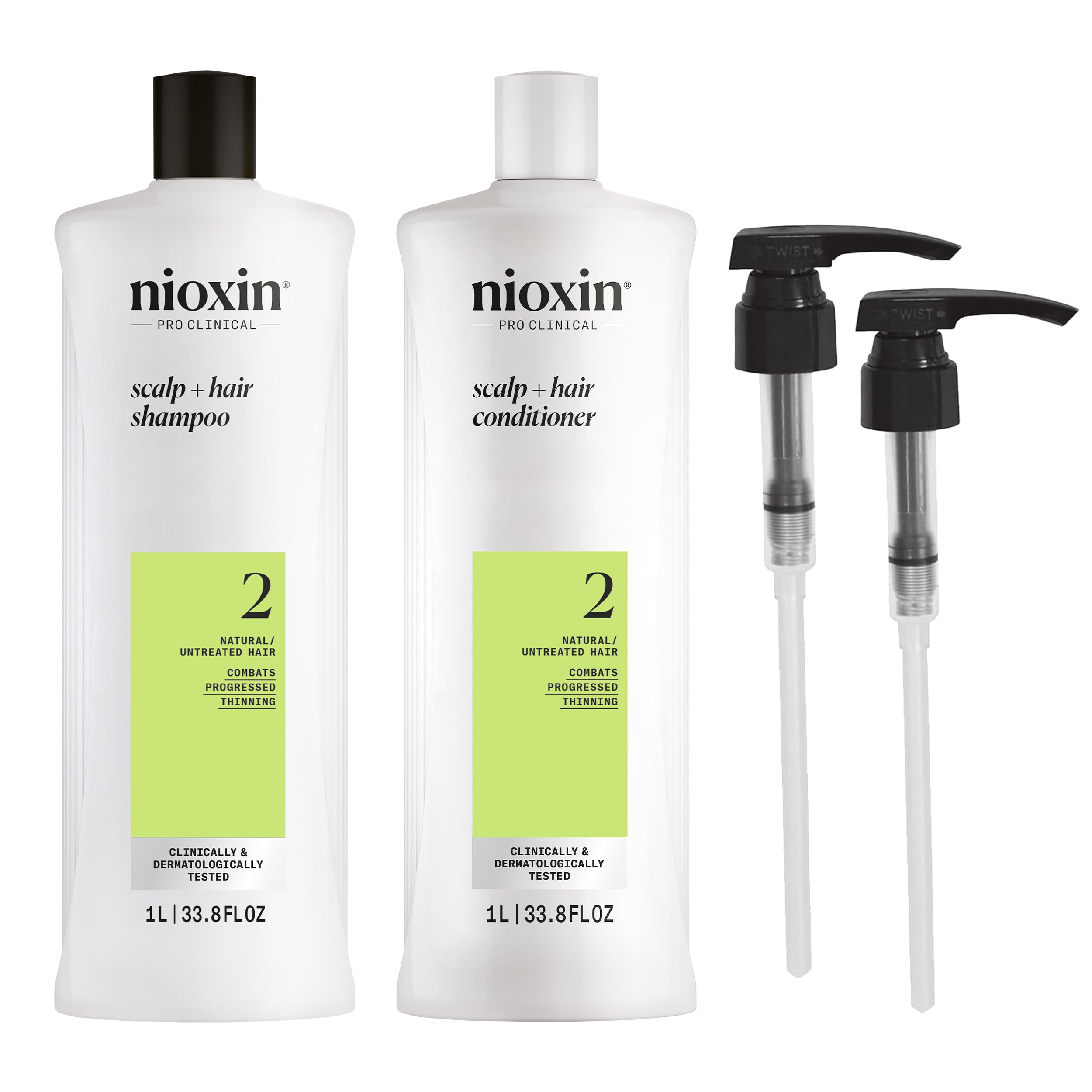 Nioxin System 2 Shampoo & Conditioner Prepack, Natural Treated Hair With Progressed Thinning, Pumps Included, 33.8 Fl Oz (Packag