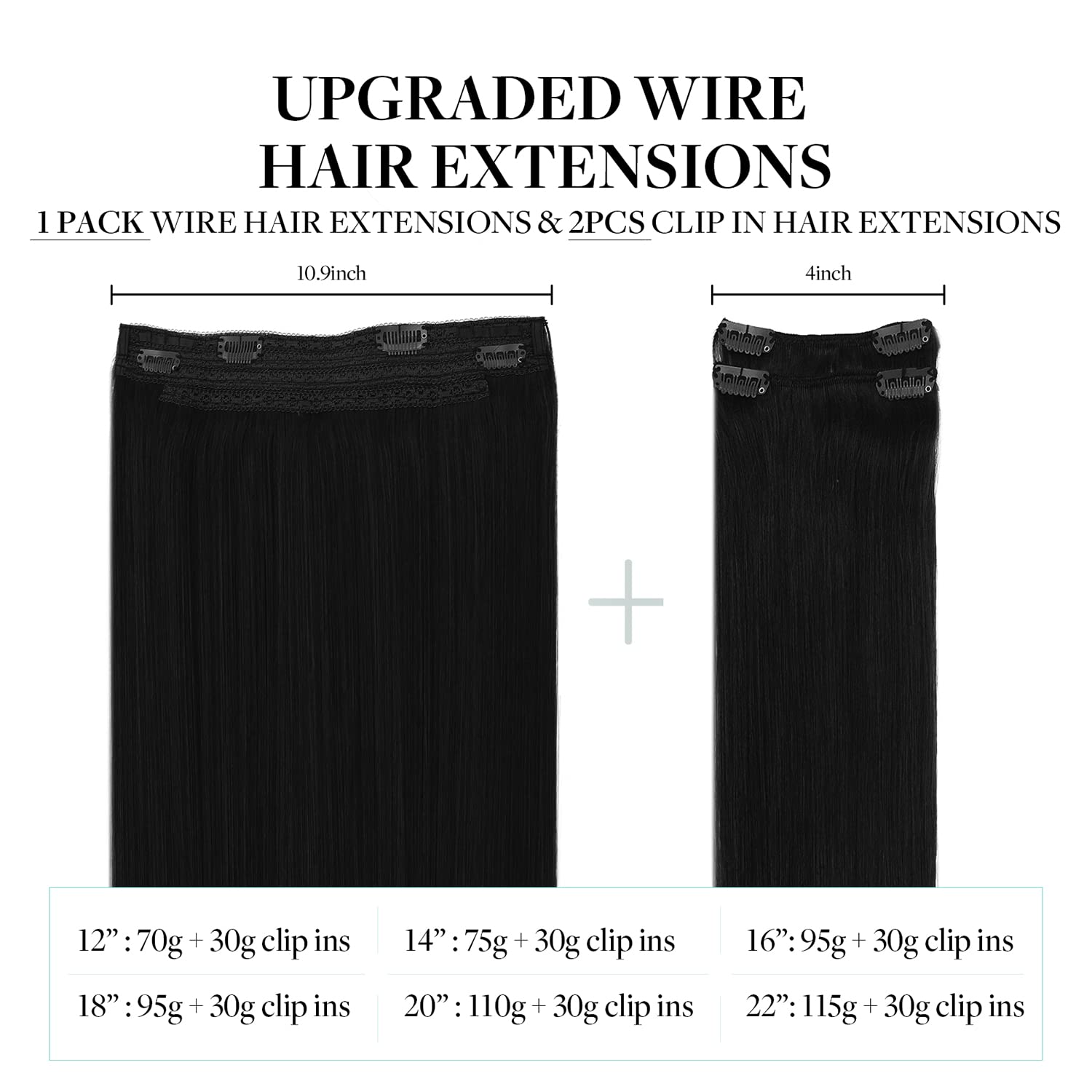 Doores Wire Hair Extensions, 14 Inch 105G Wire Hair Extensions Jet Black, Real Hair Wire Hair Invisible Line Hair Extensions Str
