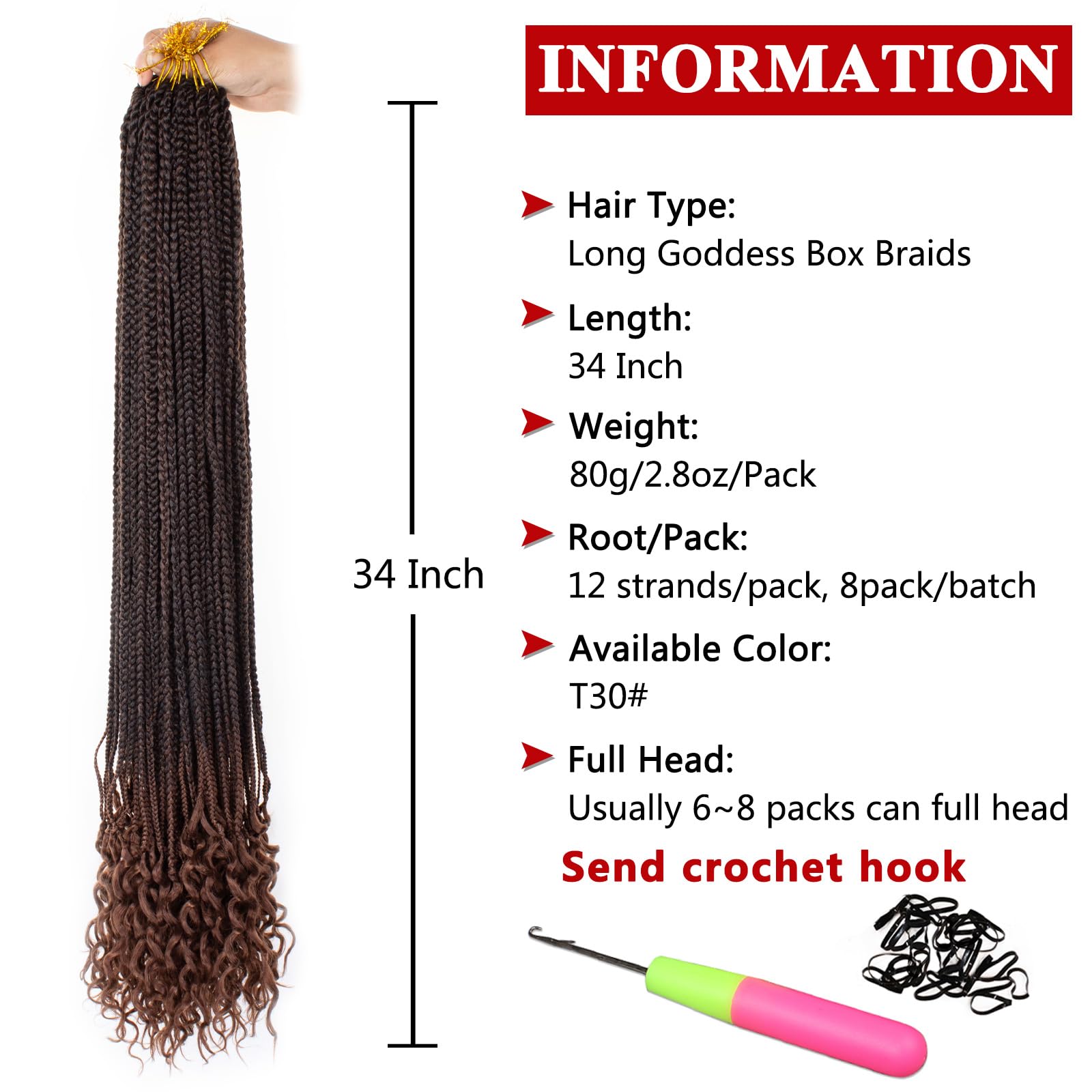 Xtrend 8 Packs 34 Inch Goddess Box Braids Crochet Hair Boho Jumbo Long Braids Hair Pre-Looped Knotless Curly Ends Synthetic Box