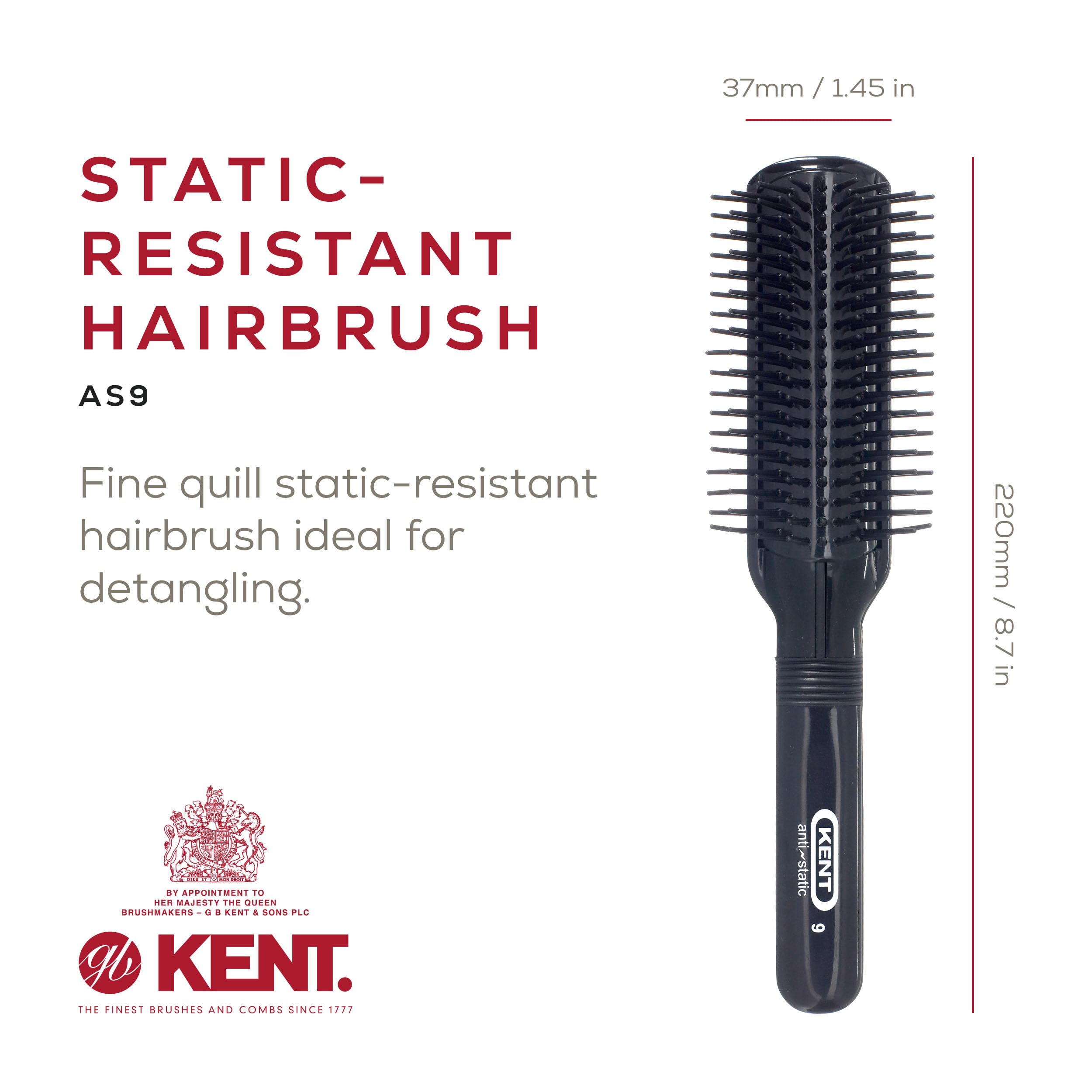 KENT AS9 Anti Static Hair Brush - 9-Row Mini Hairbrush for Smoothing & Curling - Black Rubber Nylon - Perfect for Medium or Long Hair