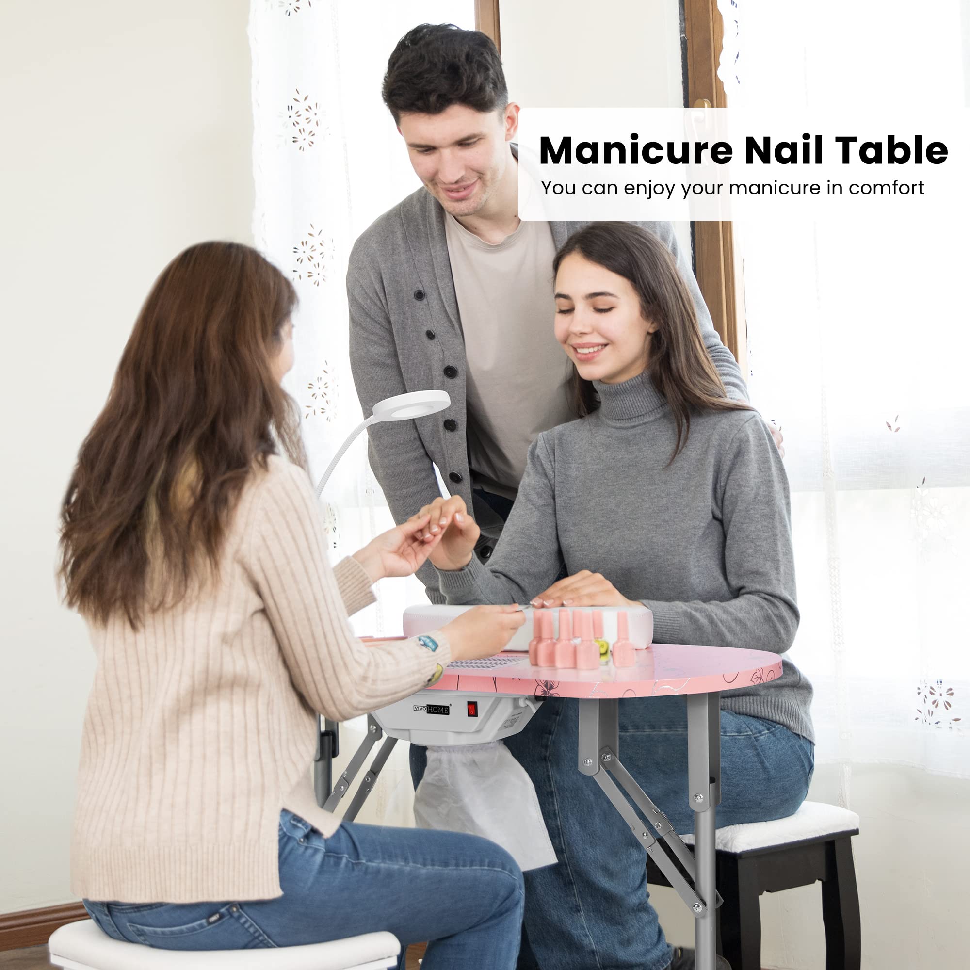 Vivohome Portable Manicure Nail Table On Wheels With Built-In Dust Collector, Updated Usb-Plug Led Table Lamp, Carry Bag For Hom