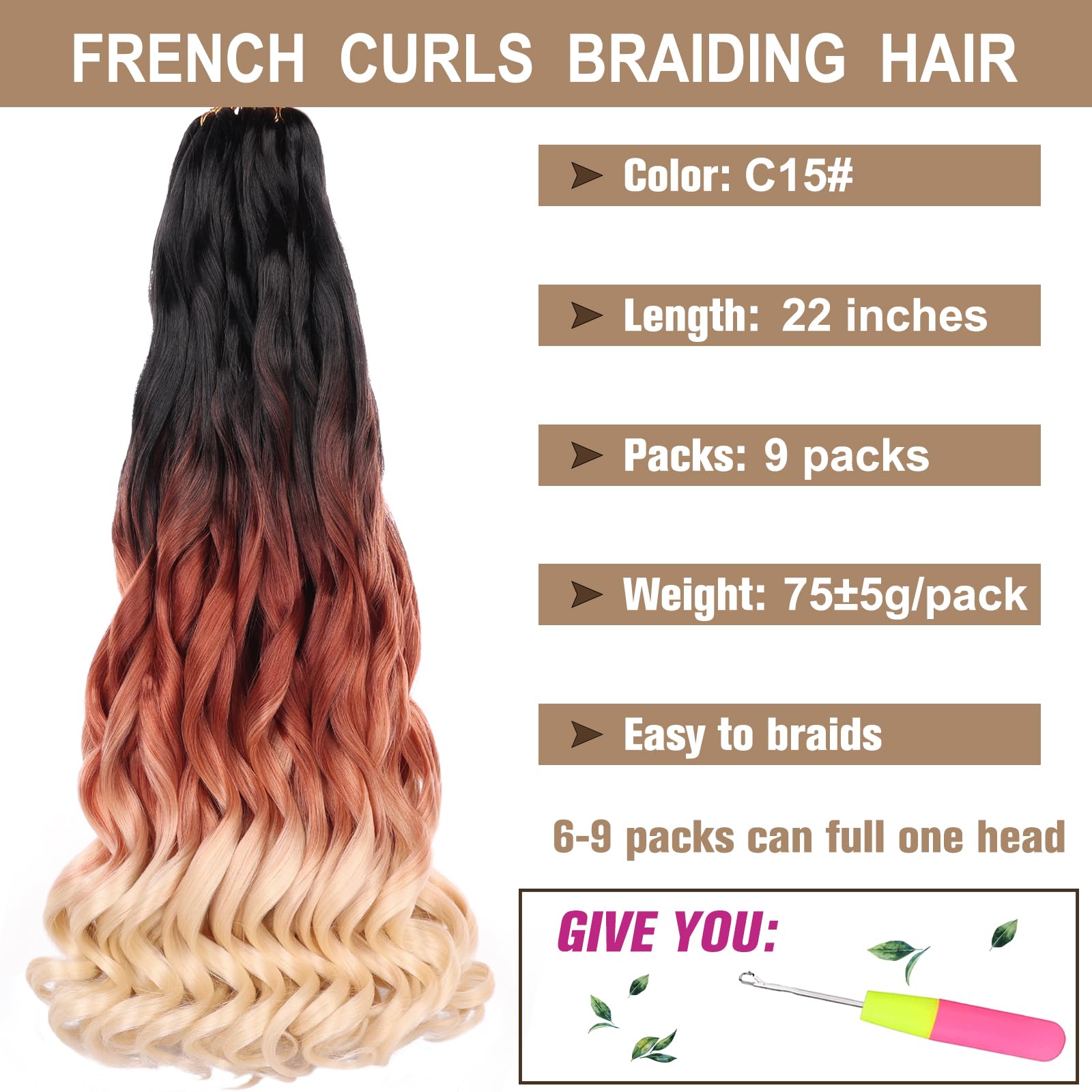 Cookoo 22 Inch Pre-Stretched French Curly Braiding Hair 9 Packs Loose Wavy Bouncy French Curl Braiding Hair Extensions 75G/Pack