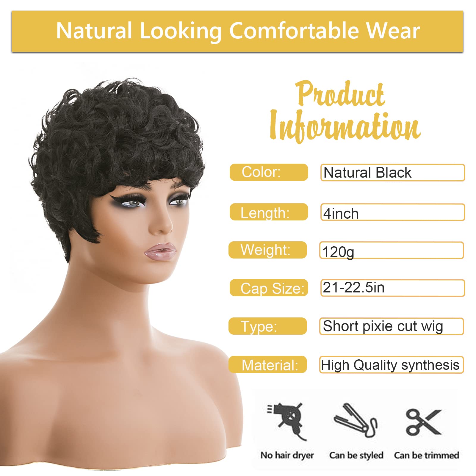 DOcute Short Pixie Cut Wig for Black Women, Natural Fiber, Black Color, Afro Style